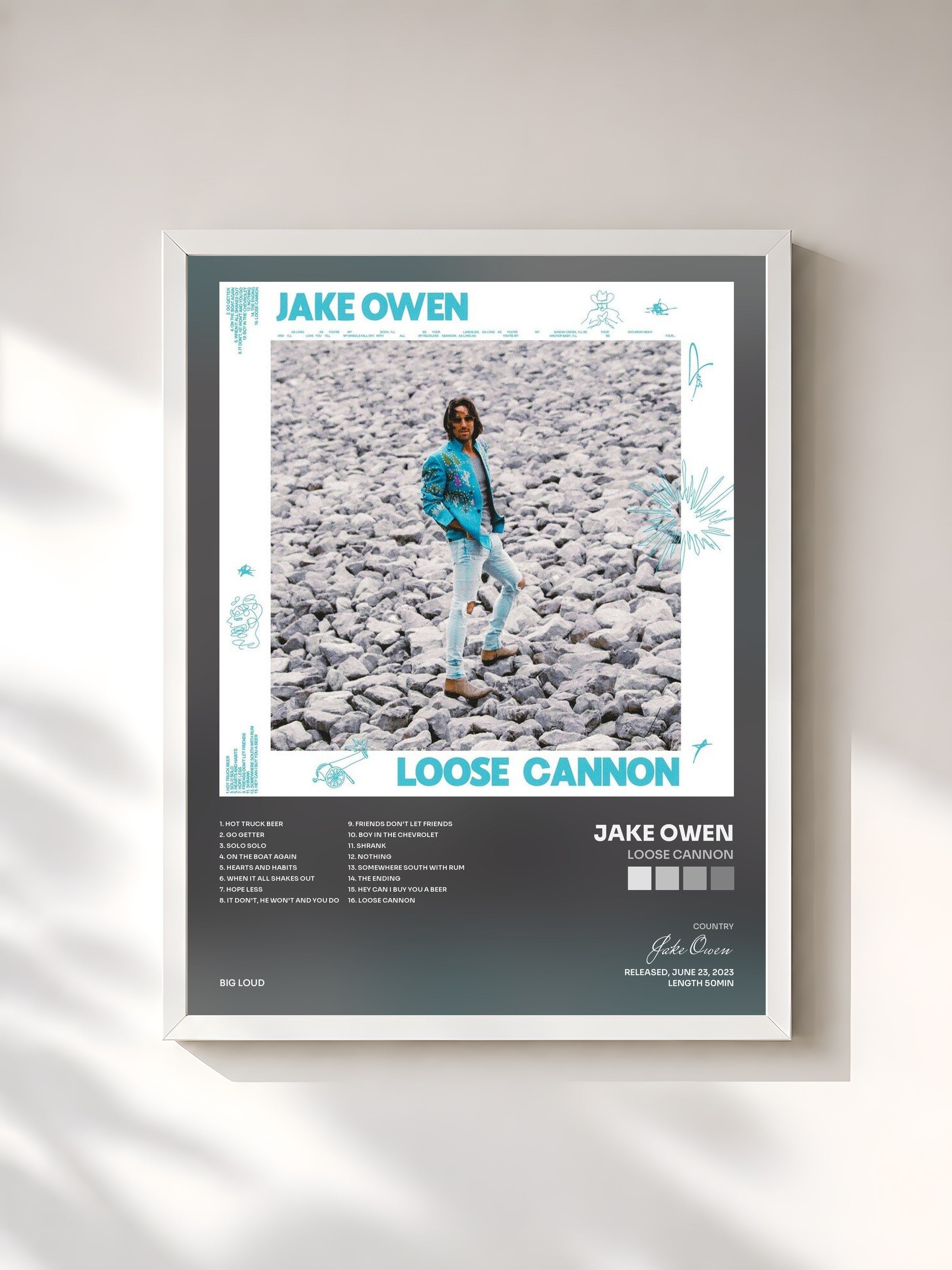 #blanc Tableau de l'album Loose Cannon de Jake Owen, cadre blanc, imprimé et encadré en France
