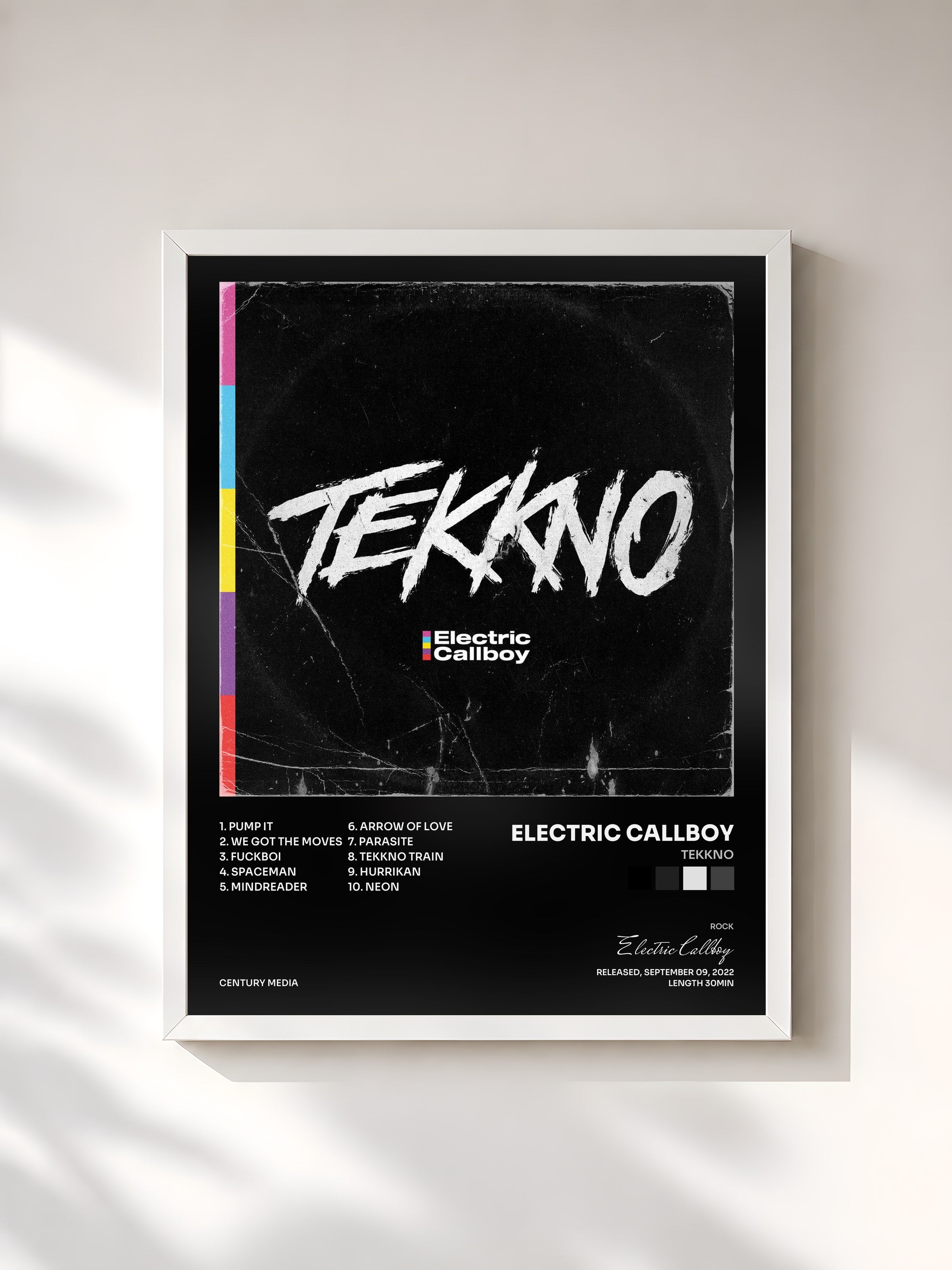 #blanc Tableau de l'album TEKKNO de Electric Callboy, cadre blanc, imprimé et encadré en France