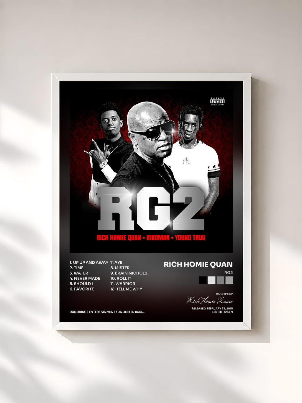 #blanc Tableau de l'album RG2 de Rich Homie Quan, cadre blanc, imprimé et encadré en France