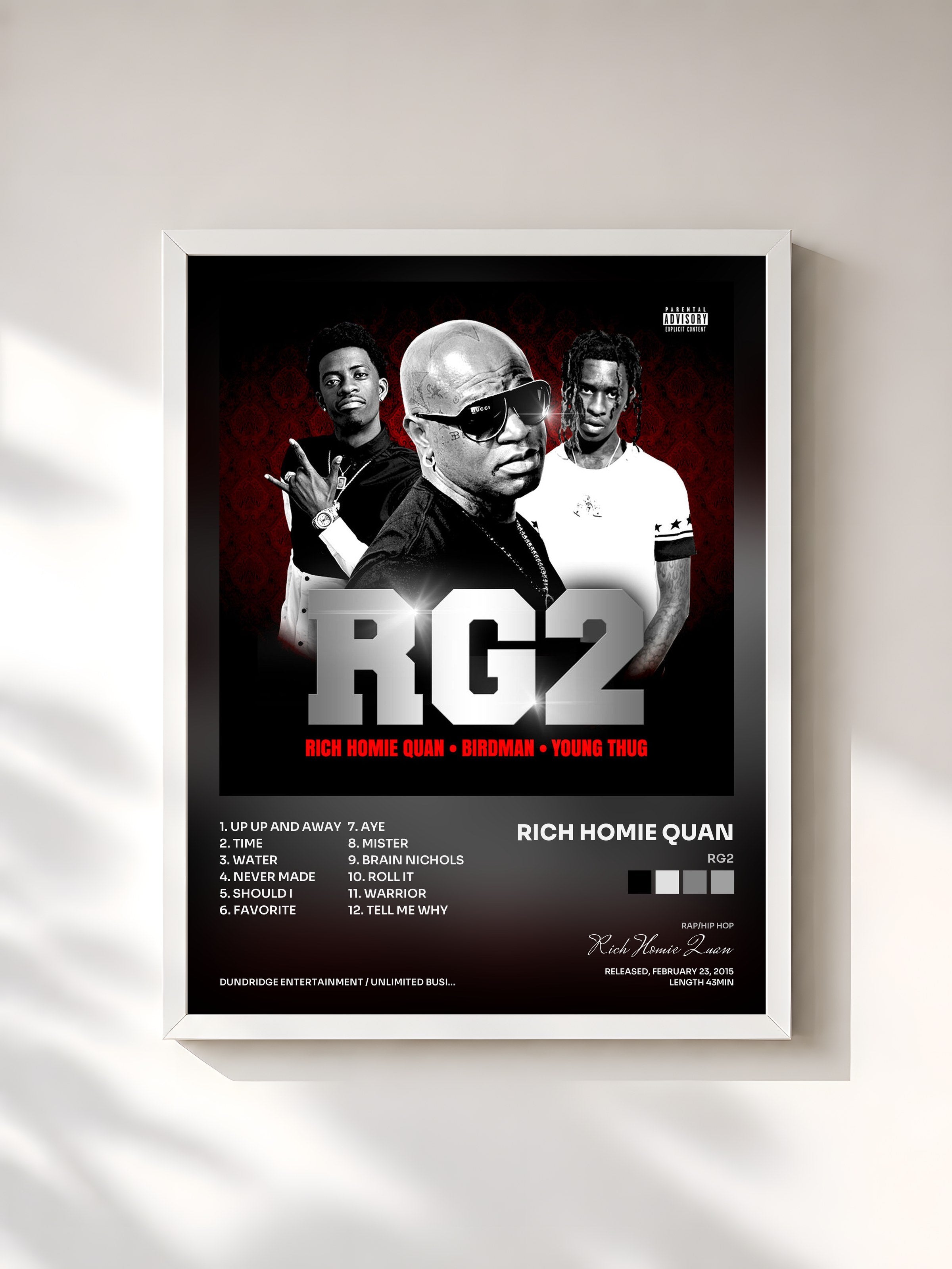 #blanc Tableau de l'album RG2 de Rich Homie Quan, cadre blanc, imprimé et encadré en France