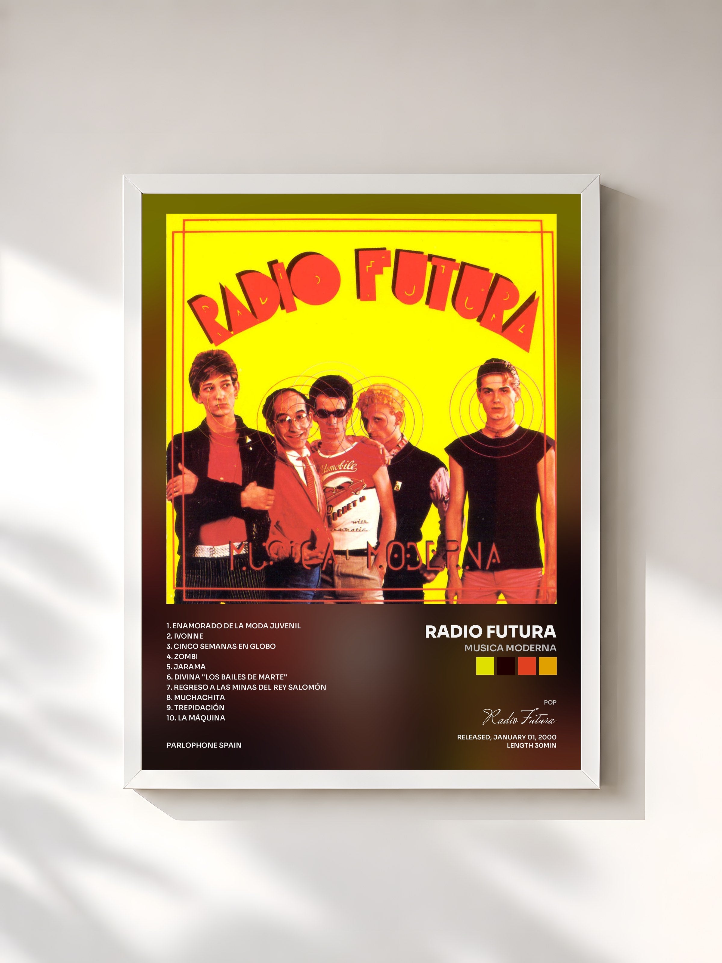 #blanc Tableau de l'album Musica Moderna de Radio Futura, cadre blanc, imprimé et encadré en France