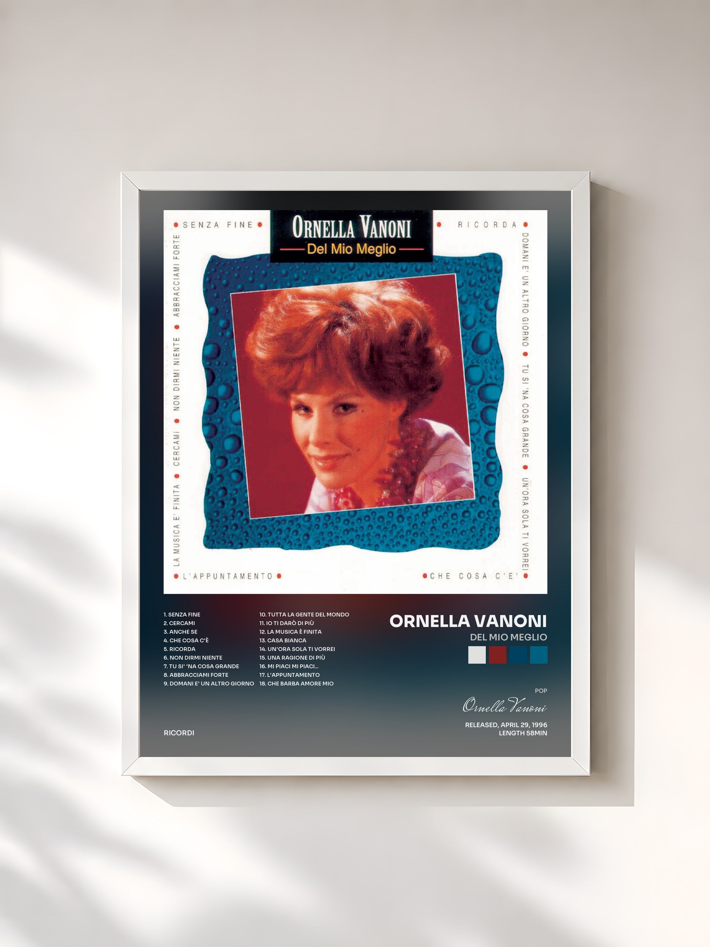 #blanc Tableau de l'album Del Mio Meglio de Ornella Vanoni, cadre blanc, imprimé et encadré en France