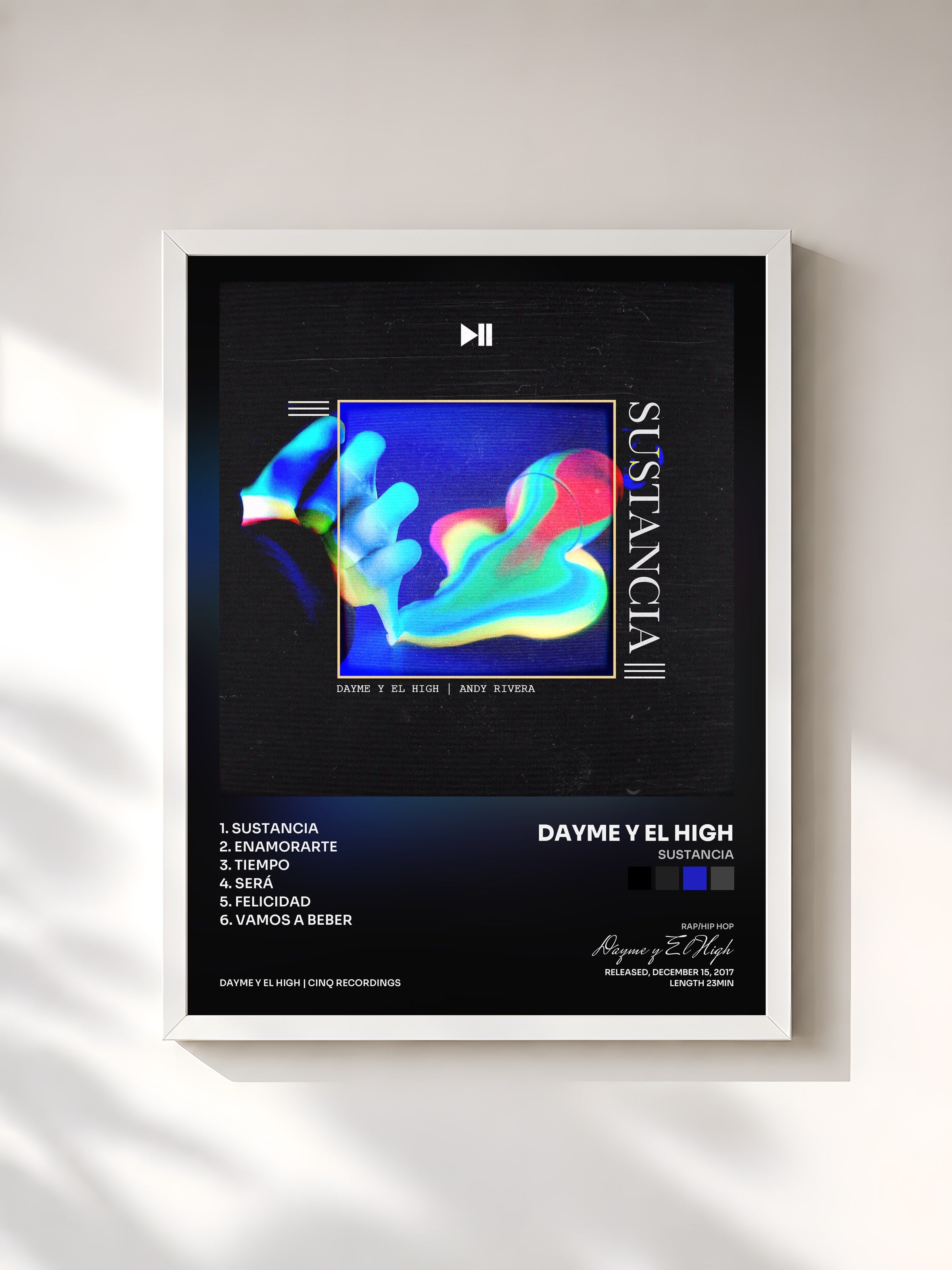 #blanc Tableau de l'album Sustancia de Dayme y El High, cadre blanc, imprimé et encadré en France