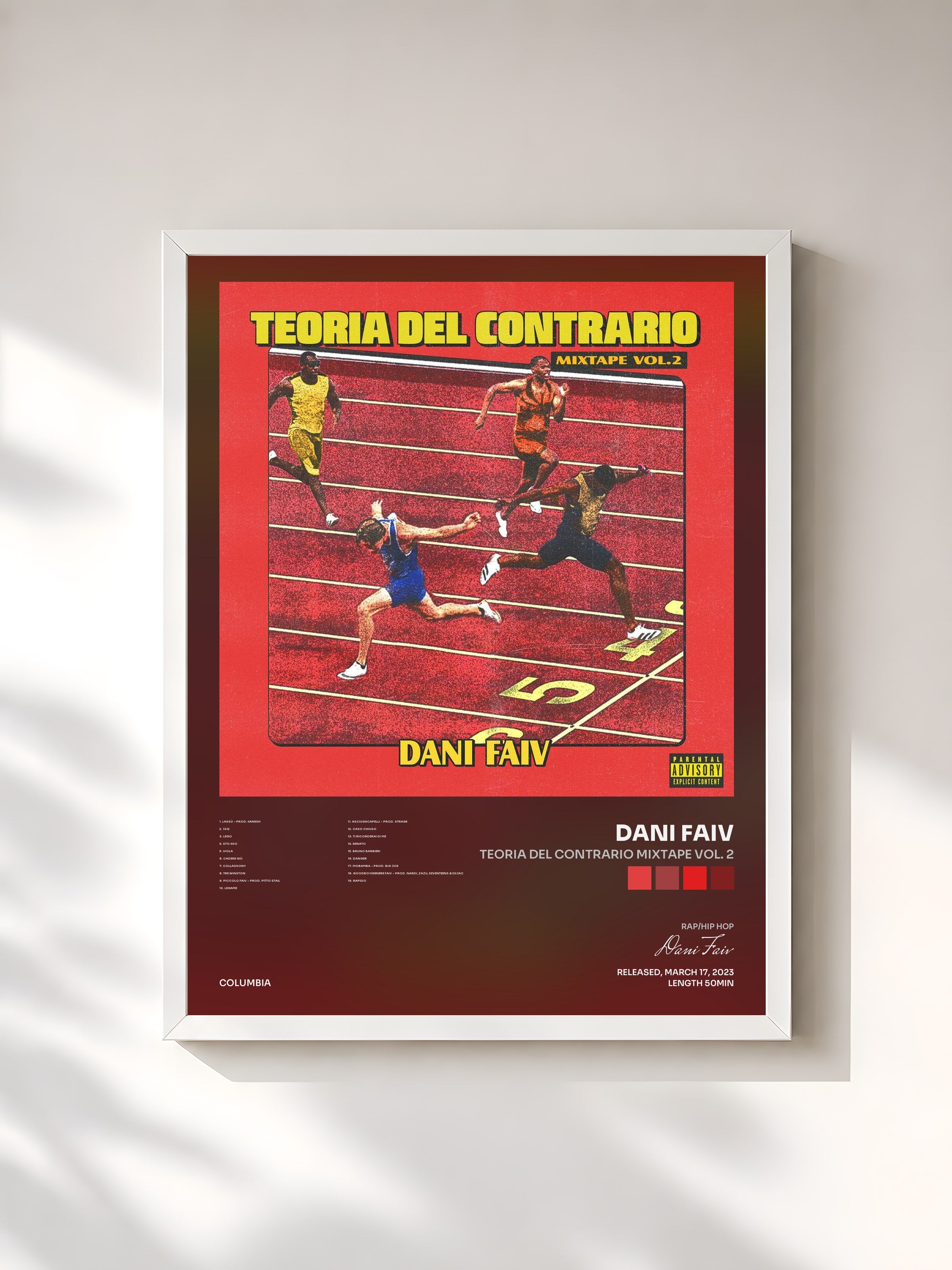 #blanc Tableau de l'album Teoria Del Contrario Mixtape Vol. 2 de Dani Faiv, cadre blanc, imprimé et encadré en France