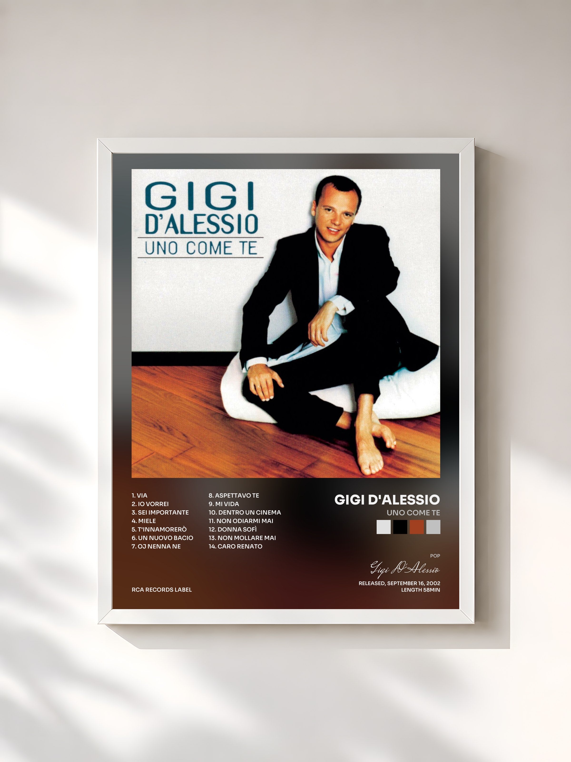 #blanc Tableau de l'album Uno Come Te de Gigi D'Alessio, cadre blanc, imprimé et encadré en France
