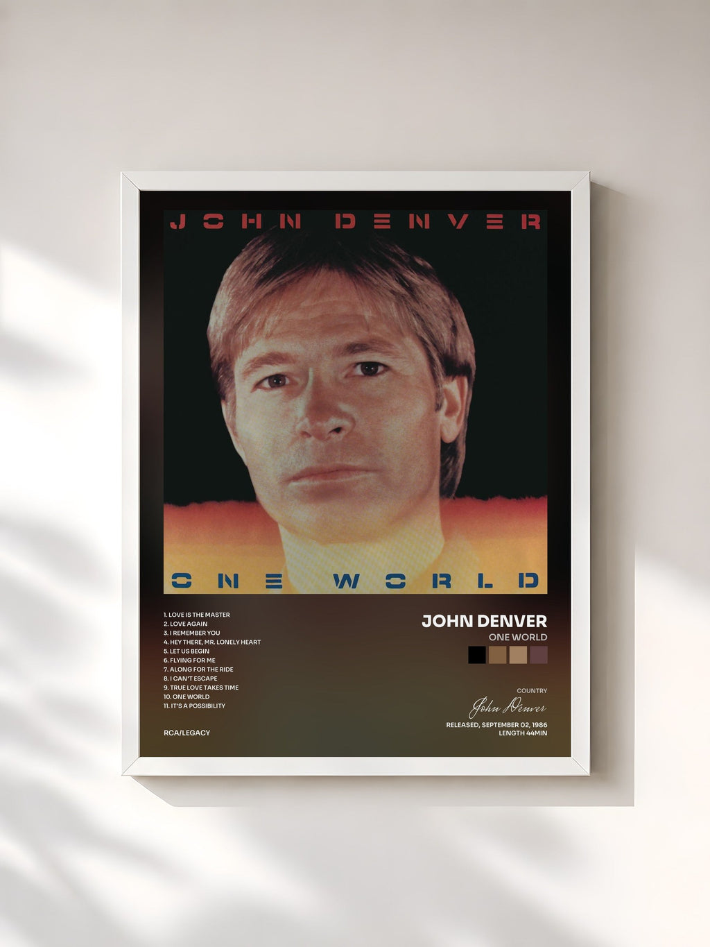 #blanc One World by John Denver as a framed art print, white frame, printed and framed in France