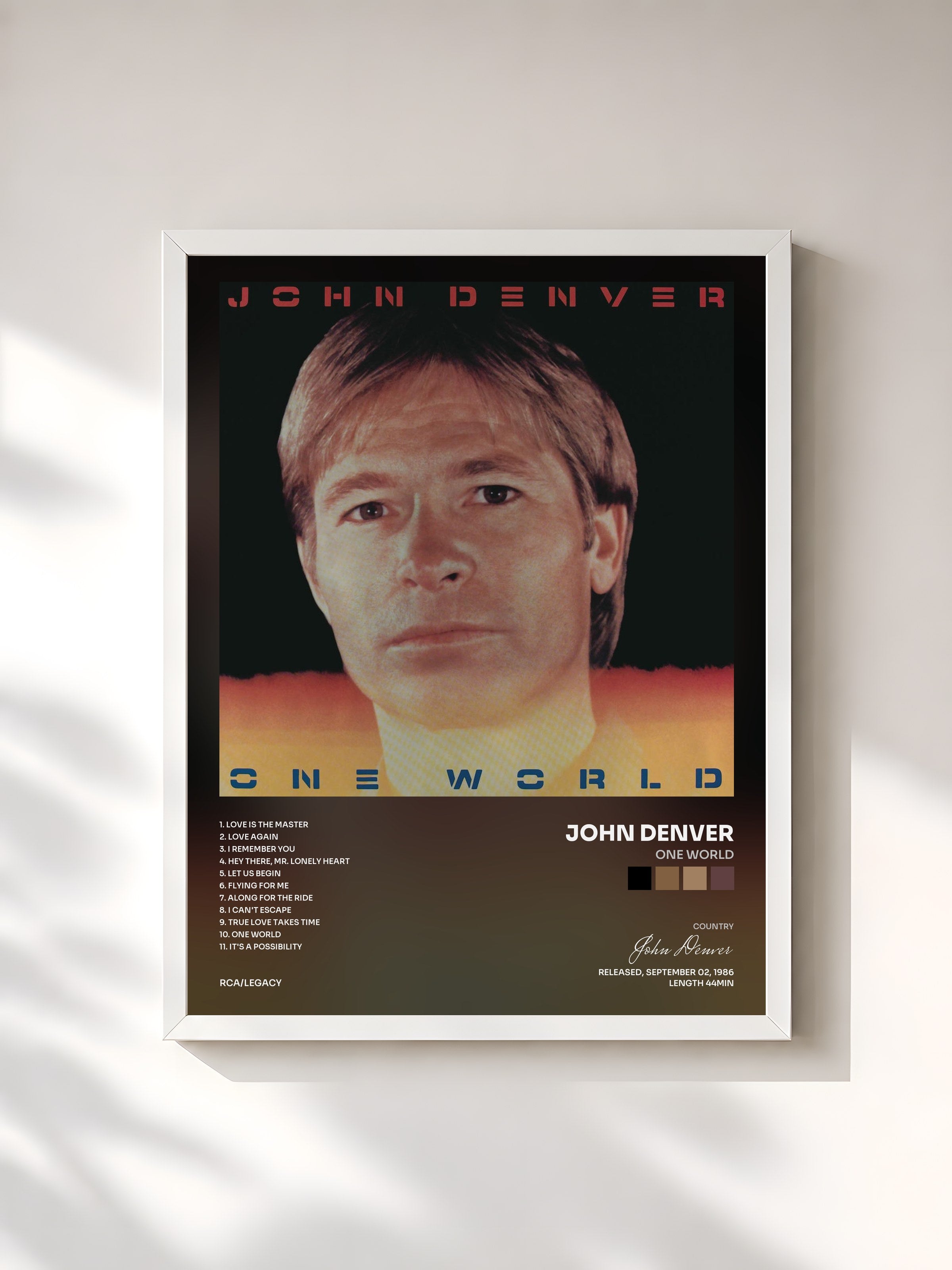 #blanc Tableau de l'album One World de John Denver, cadre blanc, imprimé et encadré en France
