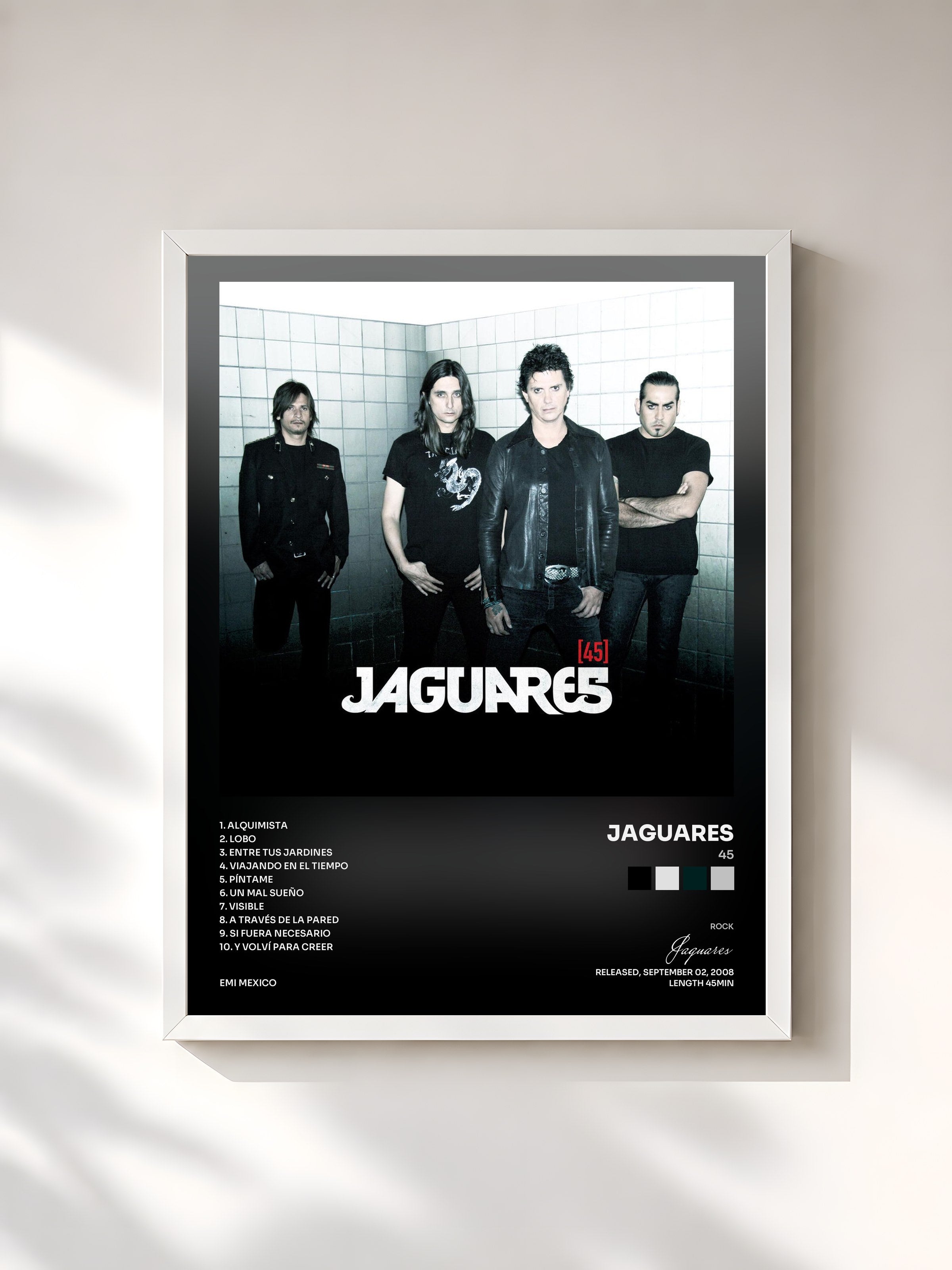 #blanc Tableau de l'album 45 de Jaguares, cadre blanc, imprimé et encadré en France