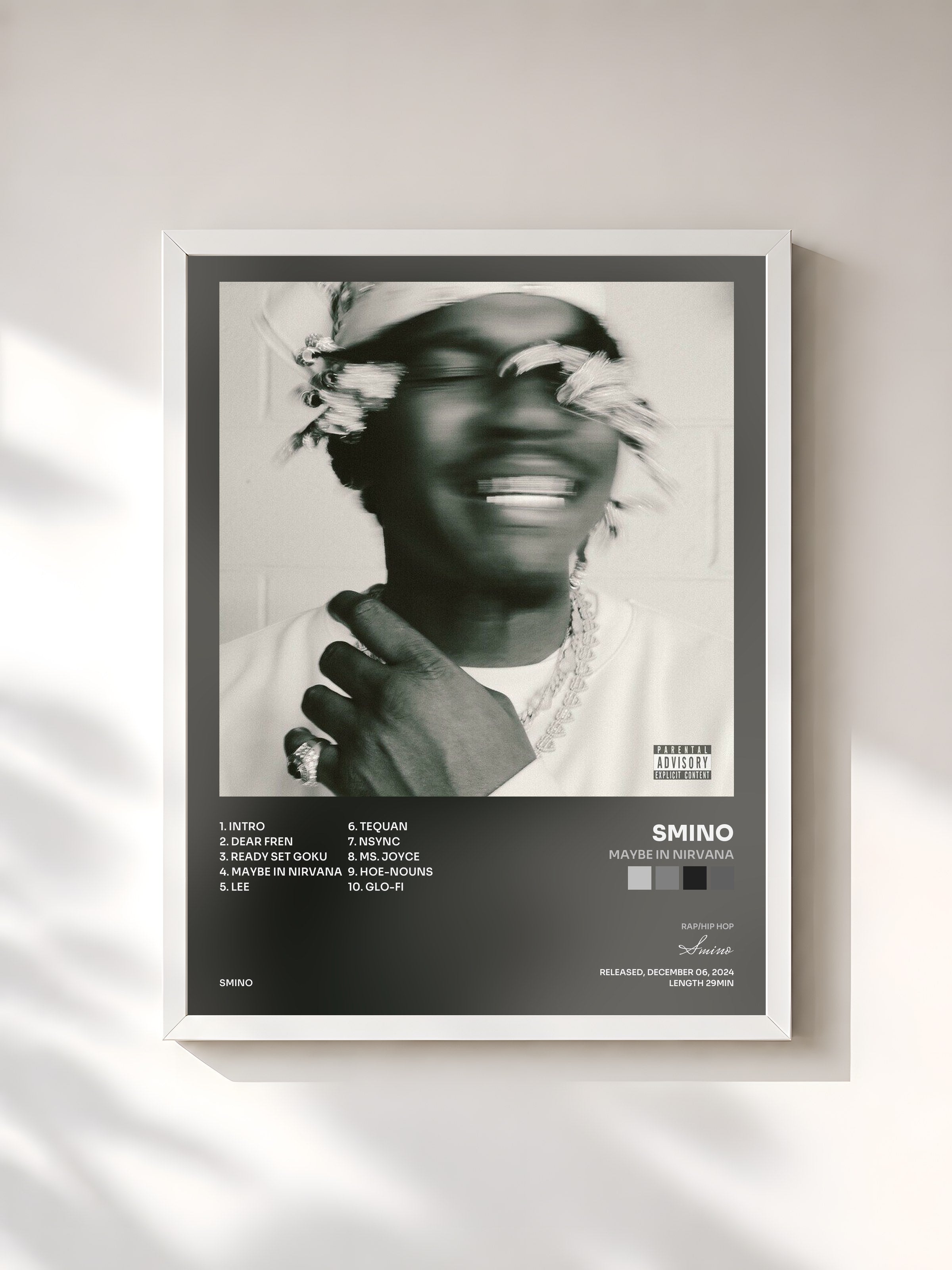 #blanc Tableau de l'album Maybe in Nirvana de Smino, cadre blanc, imprimé et encadré en France