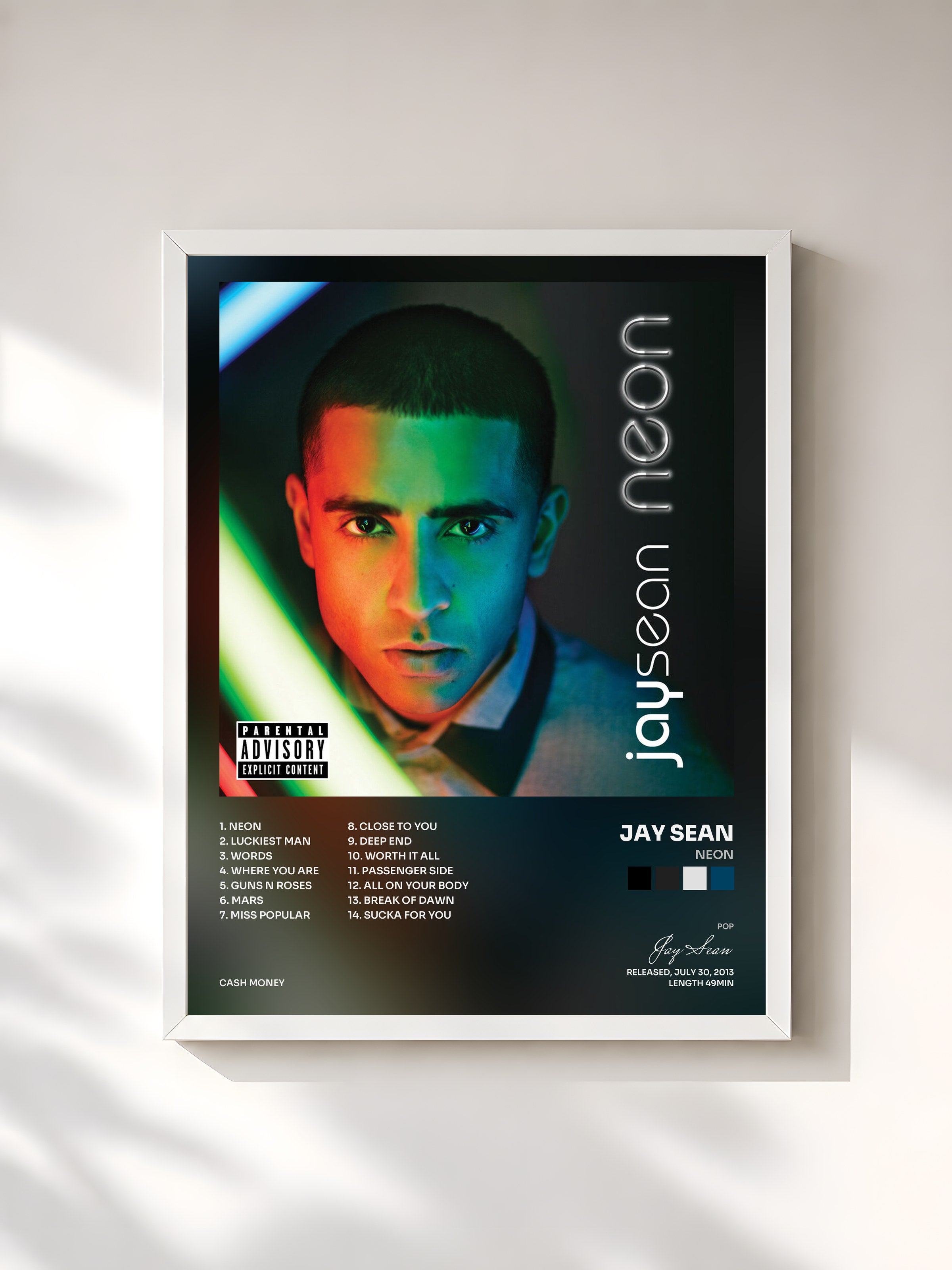 #blanc Tableau de l'album Neon de Jay Sean, cadre blanc, imprimé et encadré en France