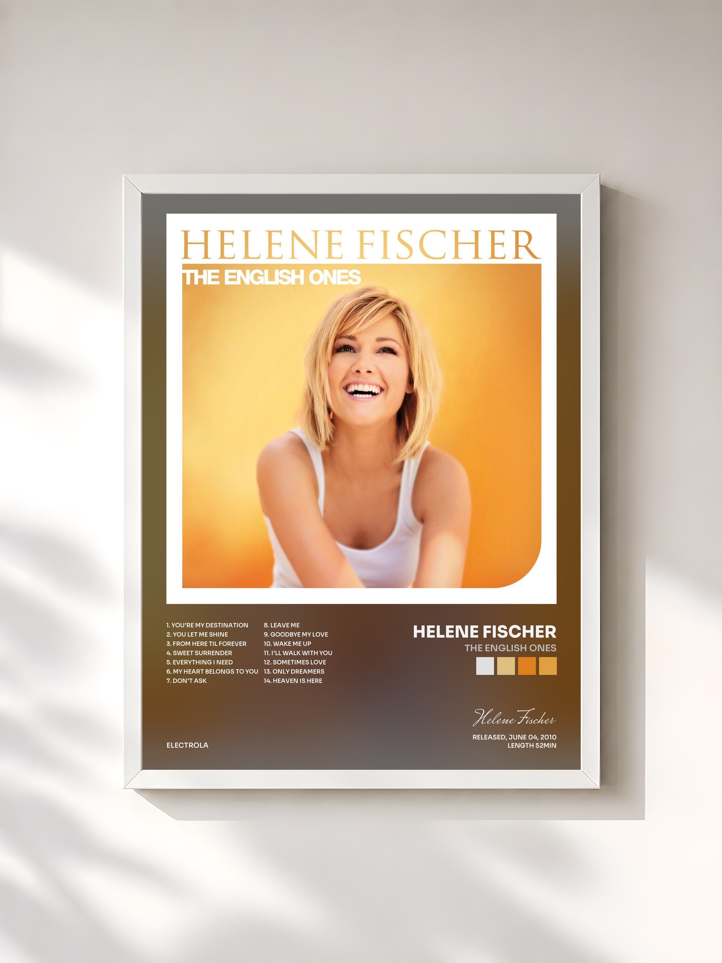 #blanc Tableau de l'album The English Ones de Helene Fischer, cadre blanc, imprimé et encadré en France