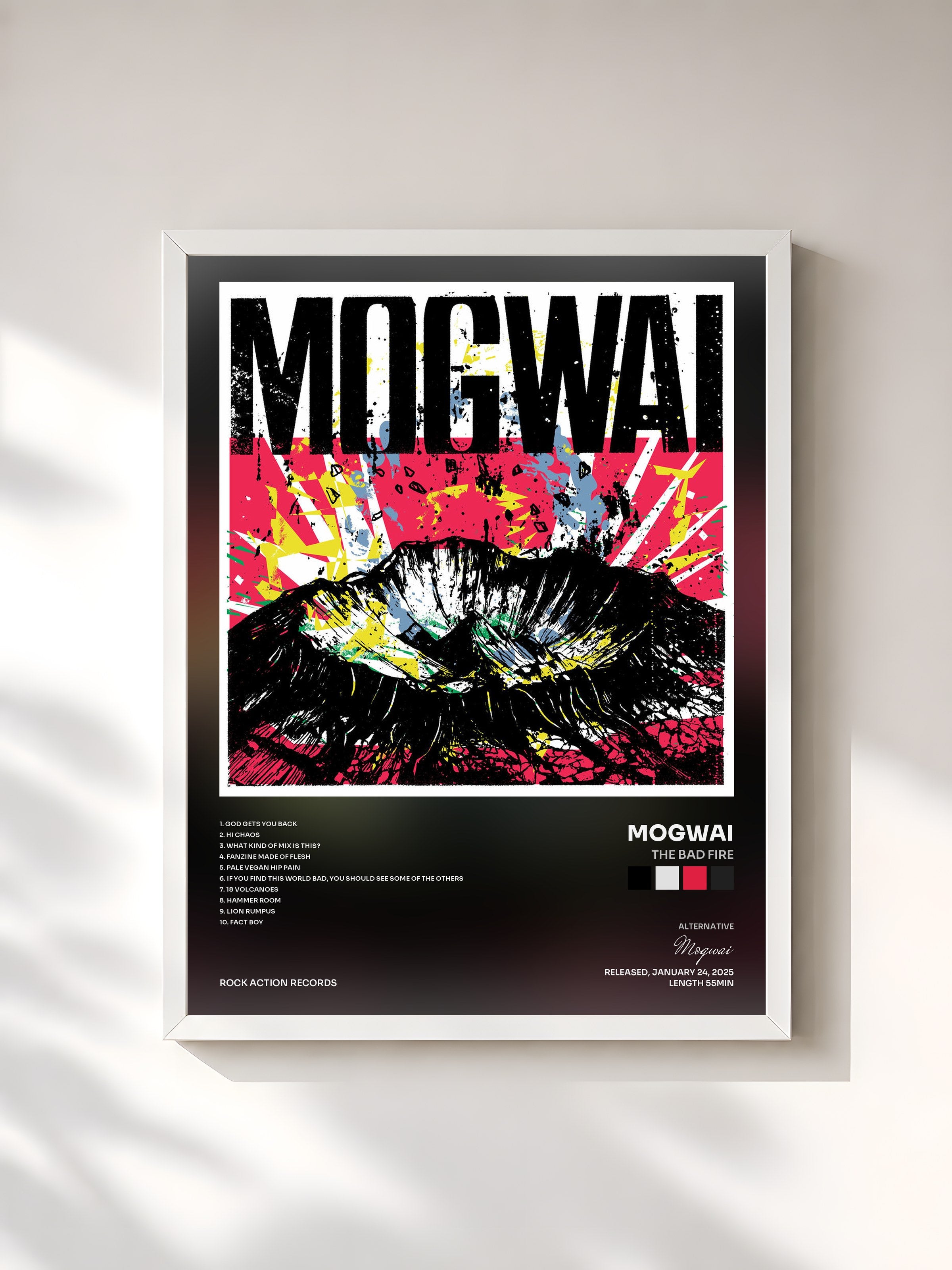#blanc Tableau de l'album The Bad Fire de Mogwai, cadre blanc, imprimé et encadré en France