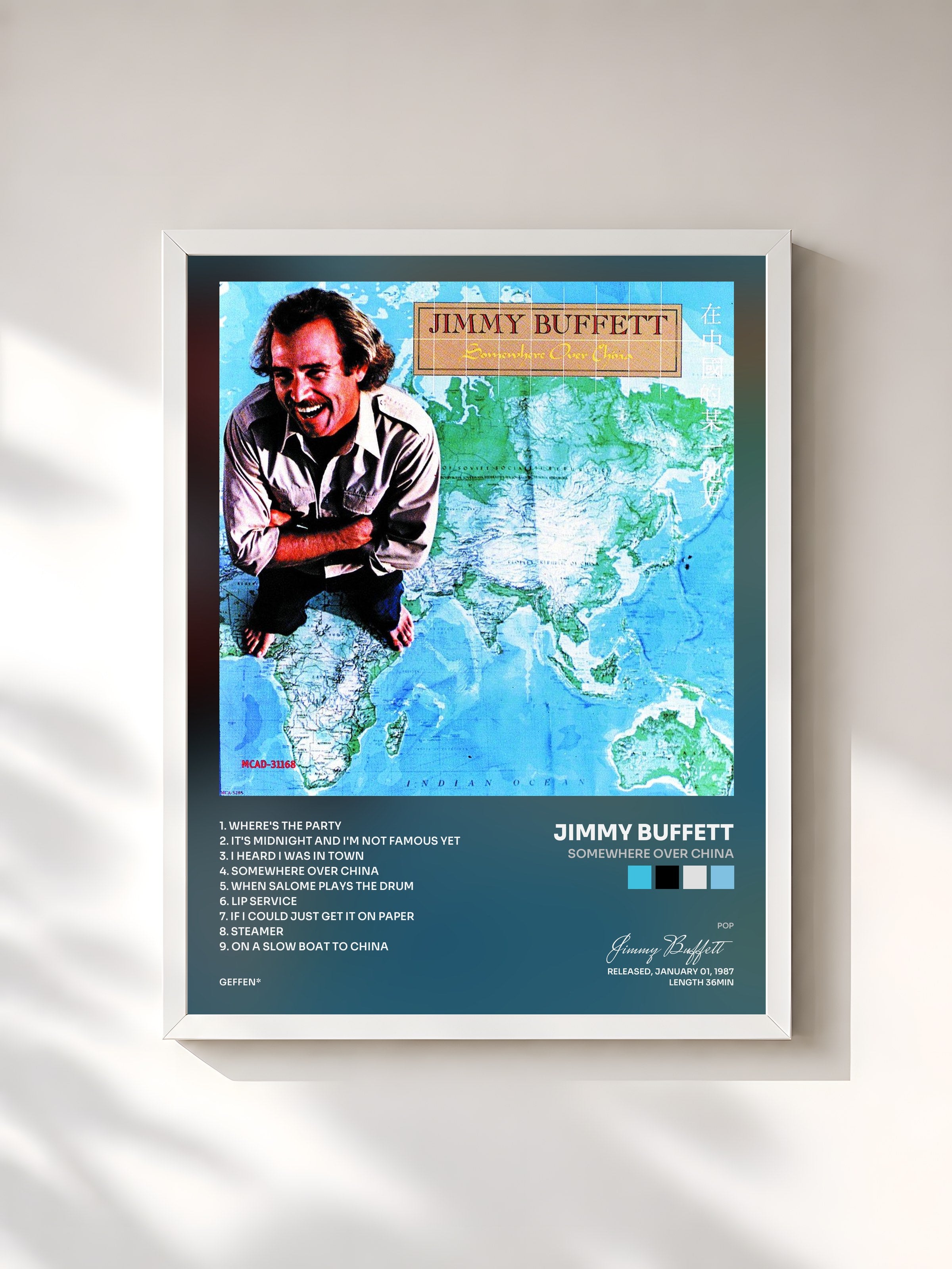 #blanc Tableau de l'album Somewhere Over China de Jimmy Buffett, cadre blanc, imprimé et encadré en France