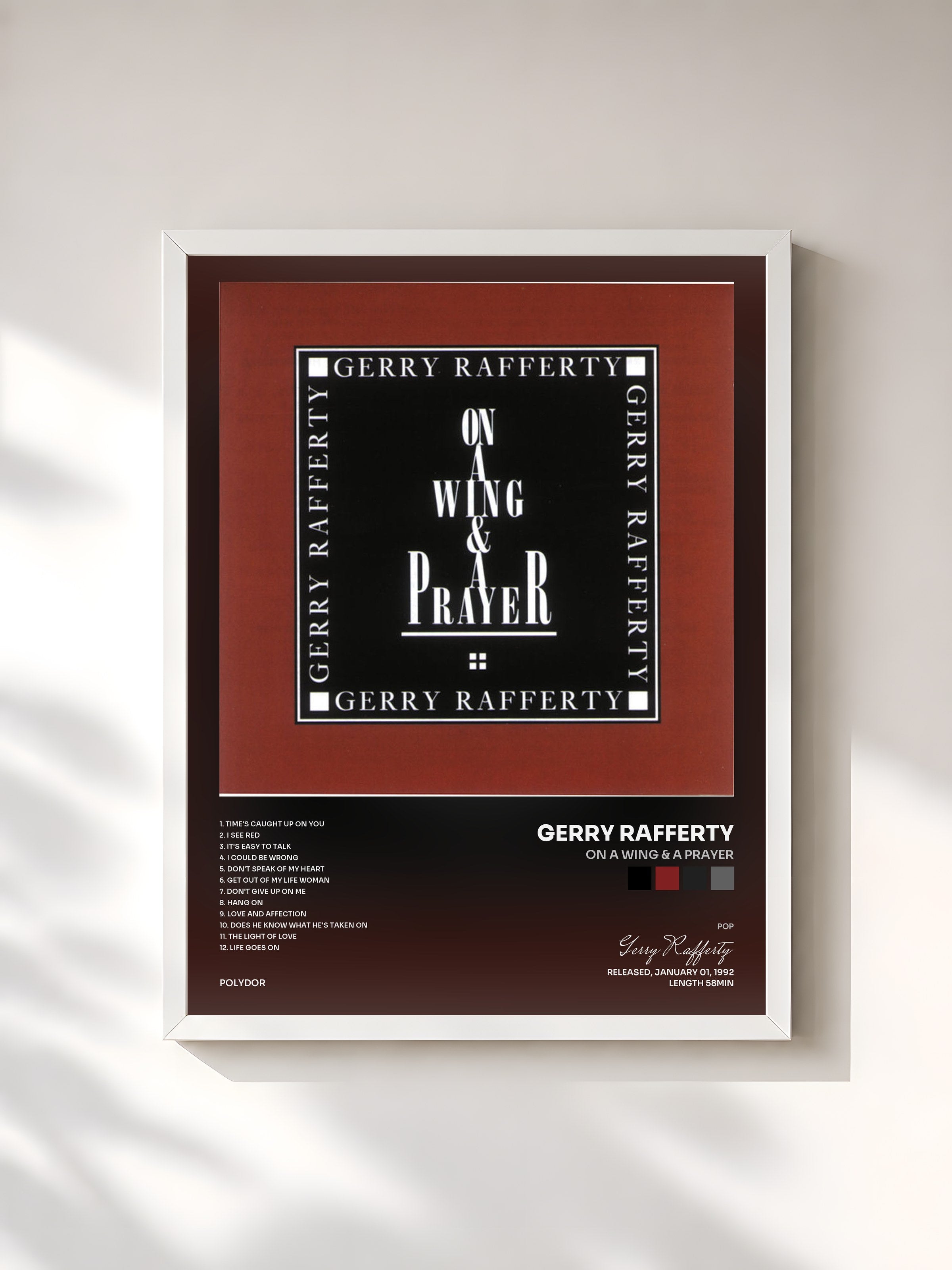 #blanc Tableau de l'album On A Wing & A Prayer de Gerry Rafferty, cadre blanc, imprimé et encadré en France