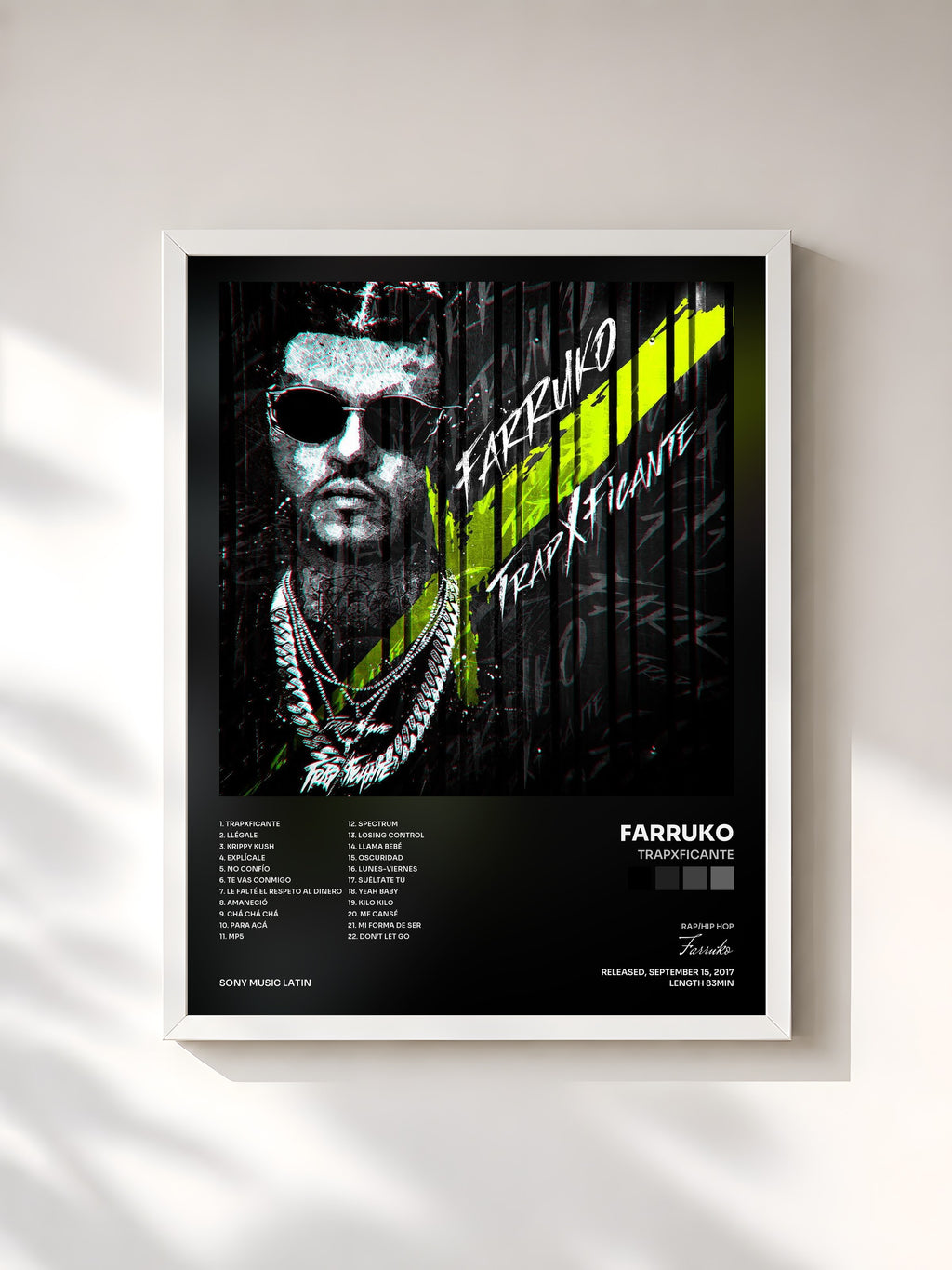#blanc Tableau de l'album TrapXficante de Farruko, cadre blanc, imprimé et encadré en France