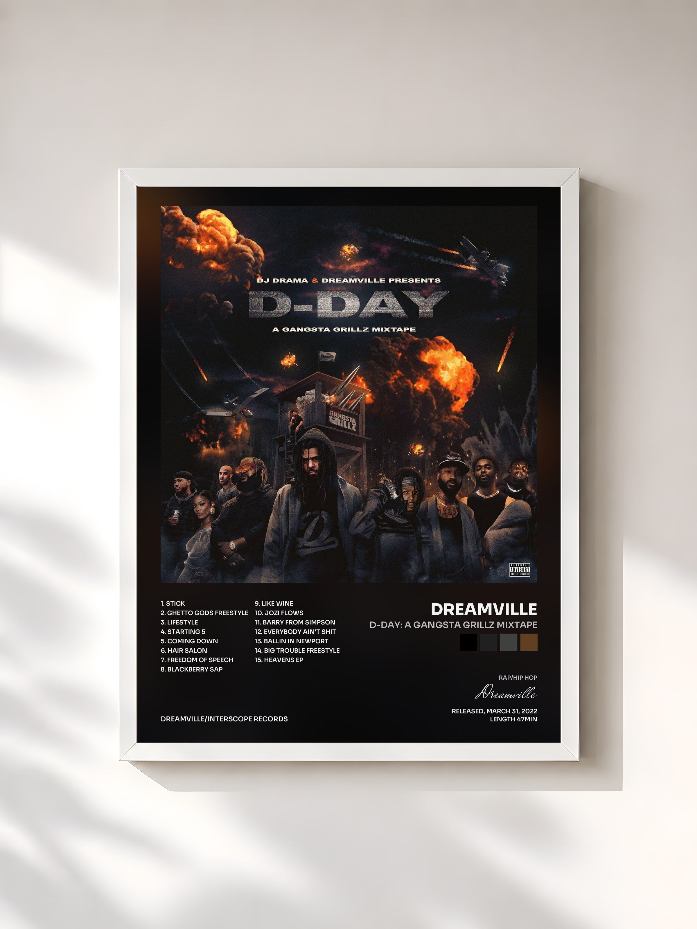 #blanc Tableau de l'album D-Day: A Gangsta Grillz Mixtape de Dreamville, cadre blanc, imprimé et encadré en France