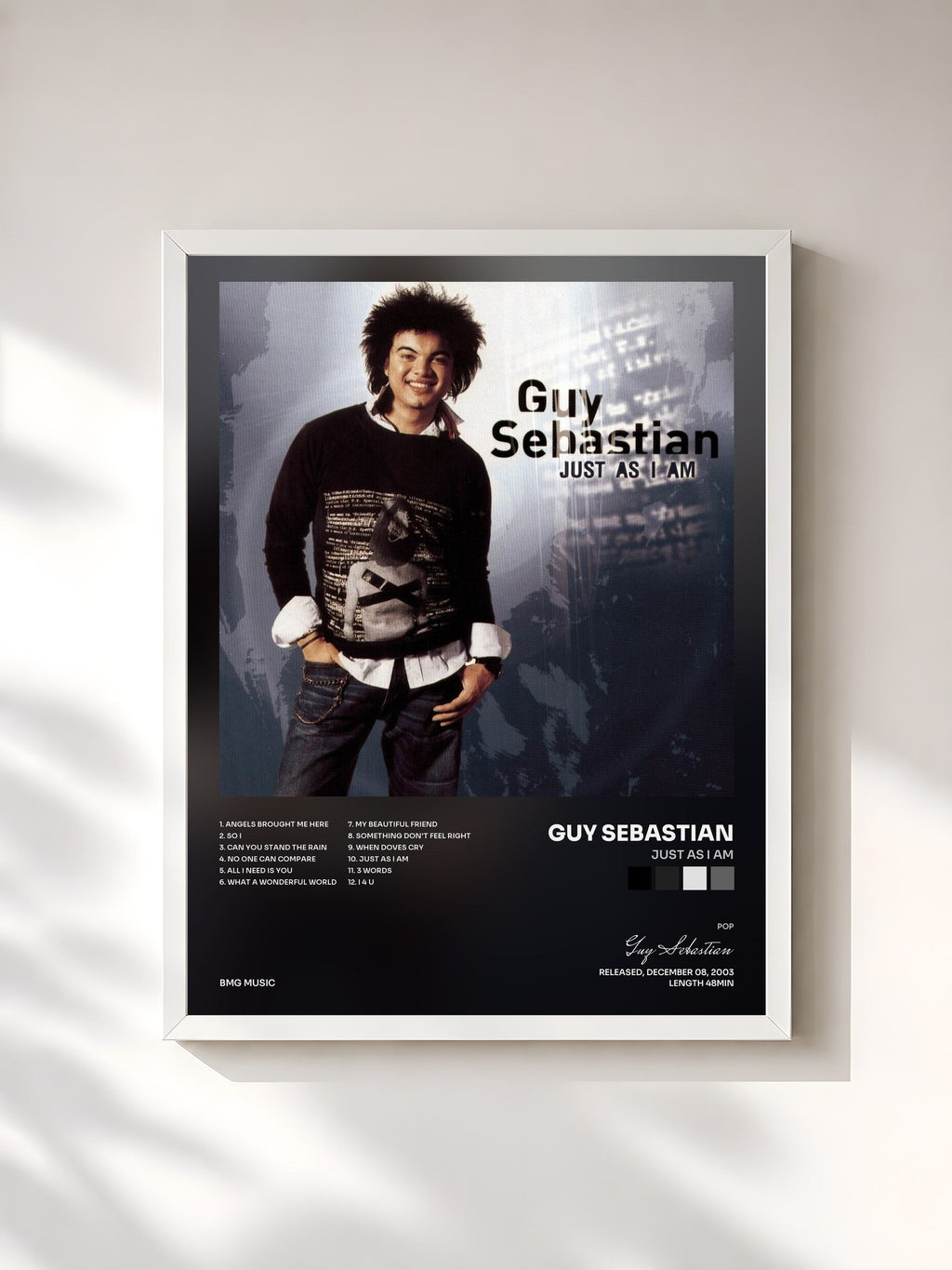 #blanc Tableau de l'album Just As I Am de Guy Sebastian, cadre blanc, imprimé et encadré en France