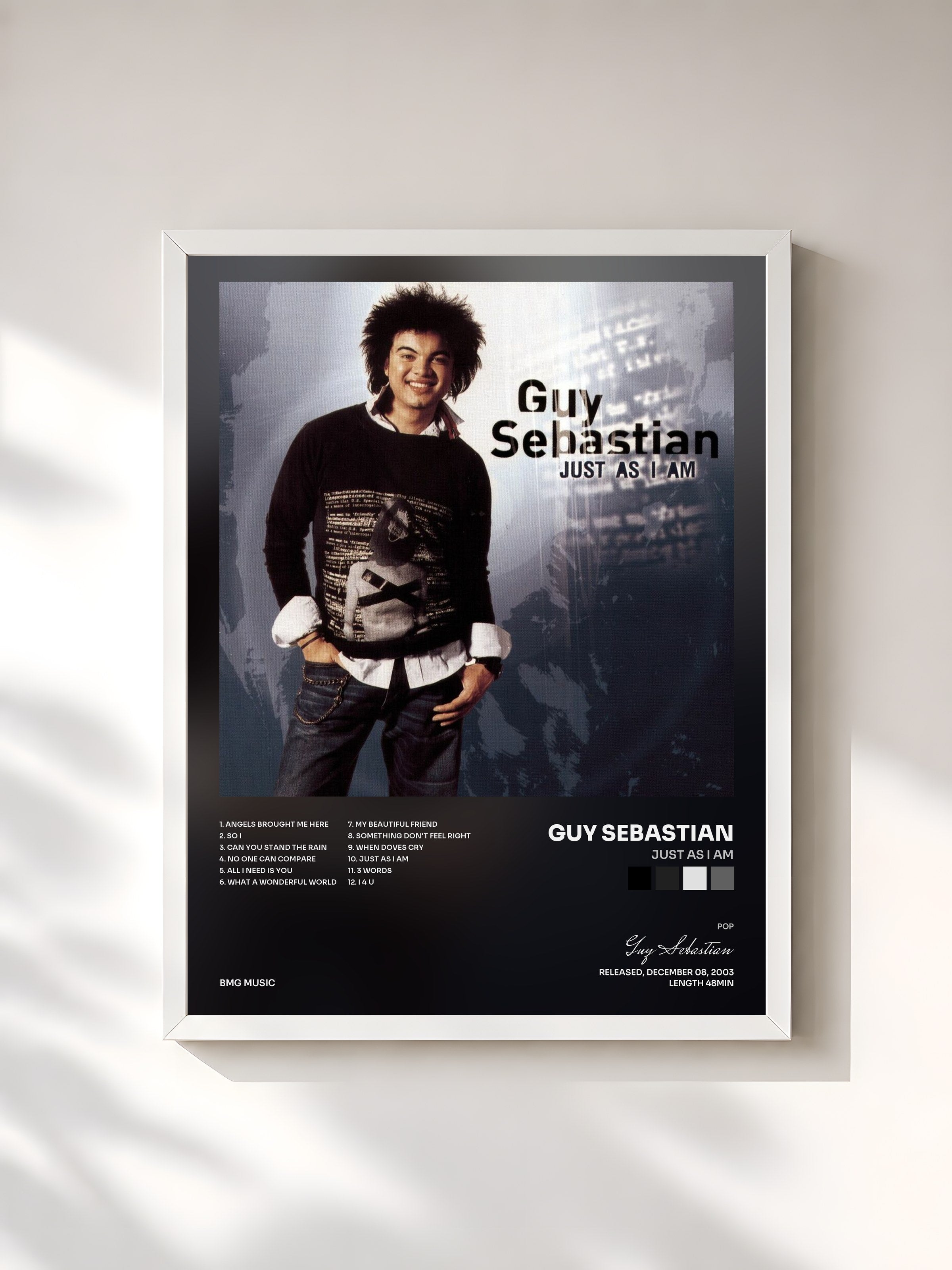 #blanc Tableau de l'album Just As I Am de Guy Sebastian, cadre blanc, imprimé et encadré en France