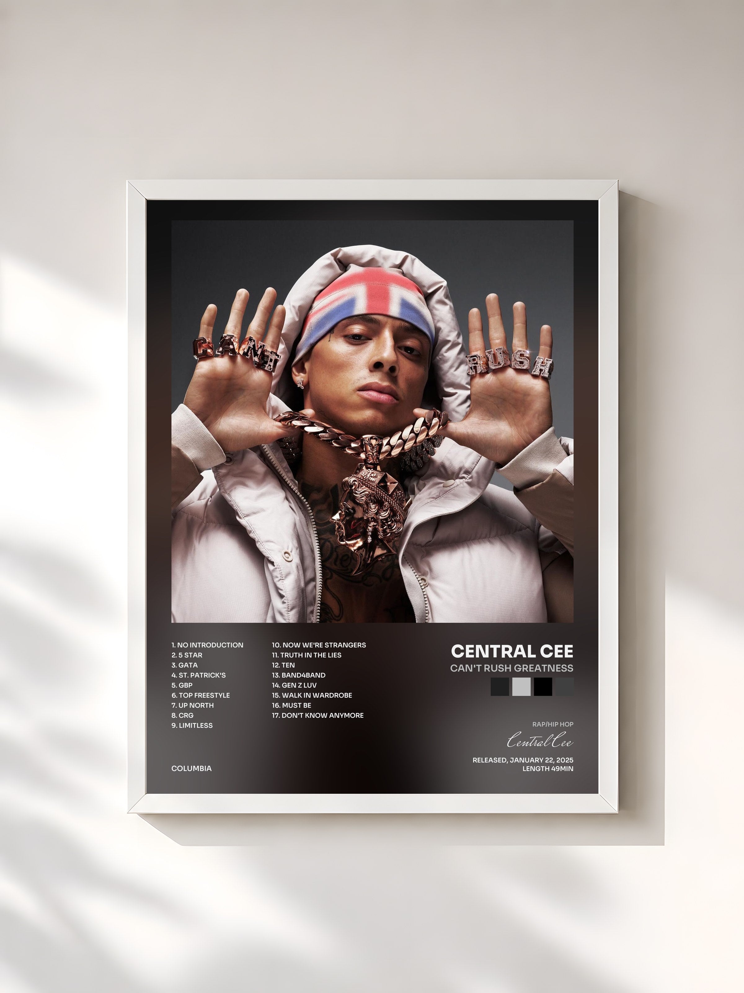 #blanc Tableau de l'album CAN'T RUSH GREATNESS de Central Cee, cadre blanc, imprimé et encadré en France
