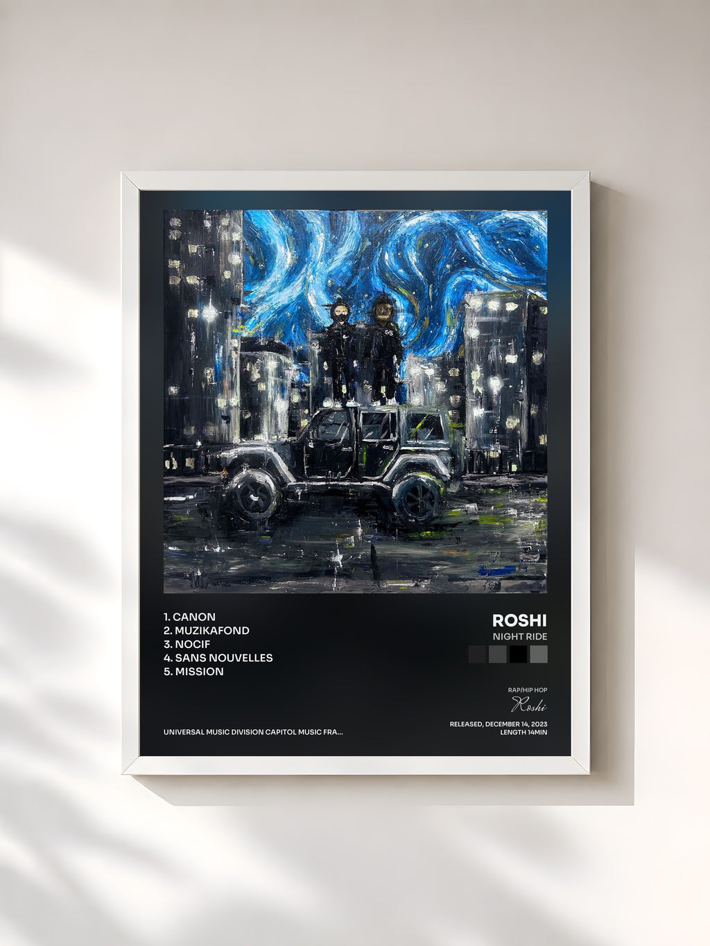 #blanc Tableau de l'album Night Ride de Roshi, cadre blanc, imprimé et encadré en France