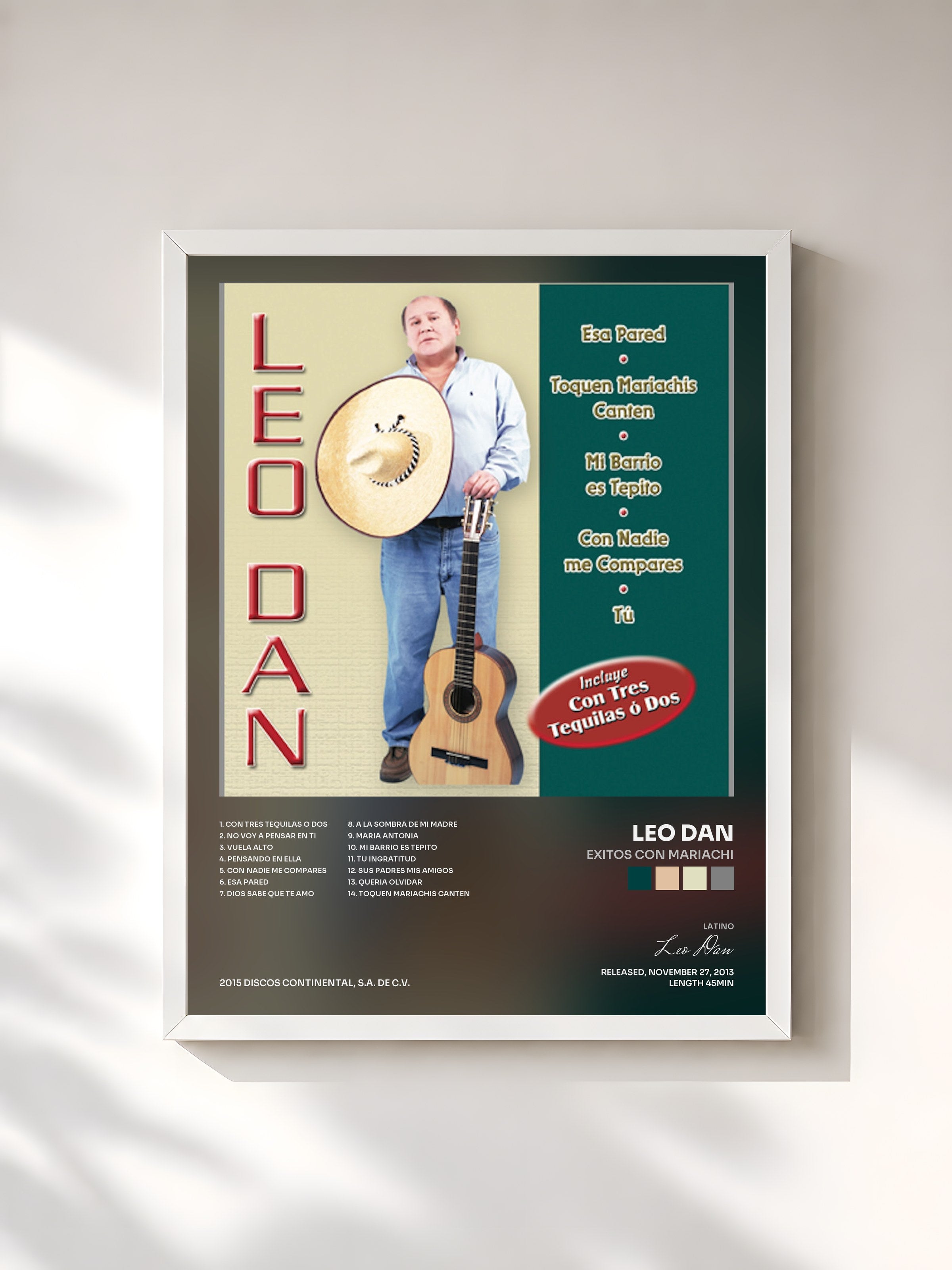 #blanc Tableau de l'album Exitos Con Mariachi de Leo Dan, cadre blanc, imprimé et encadré en France