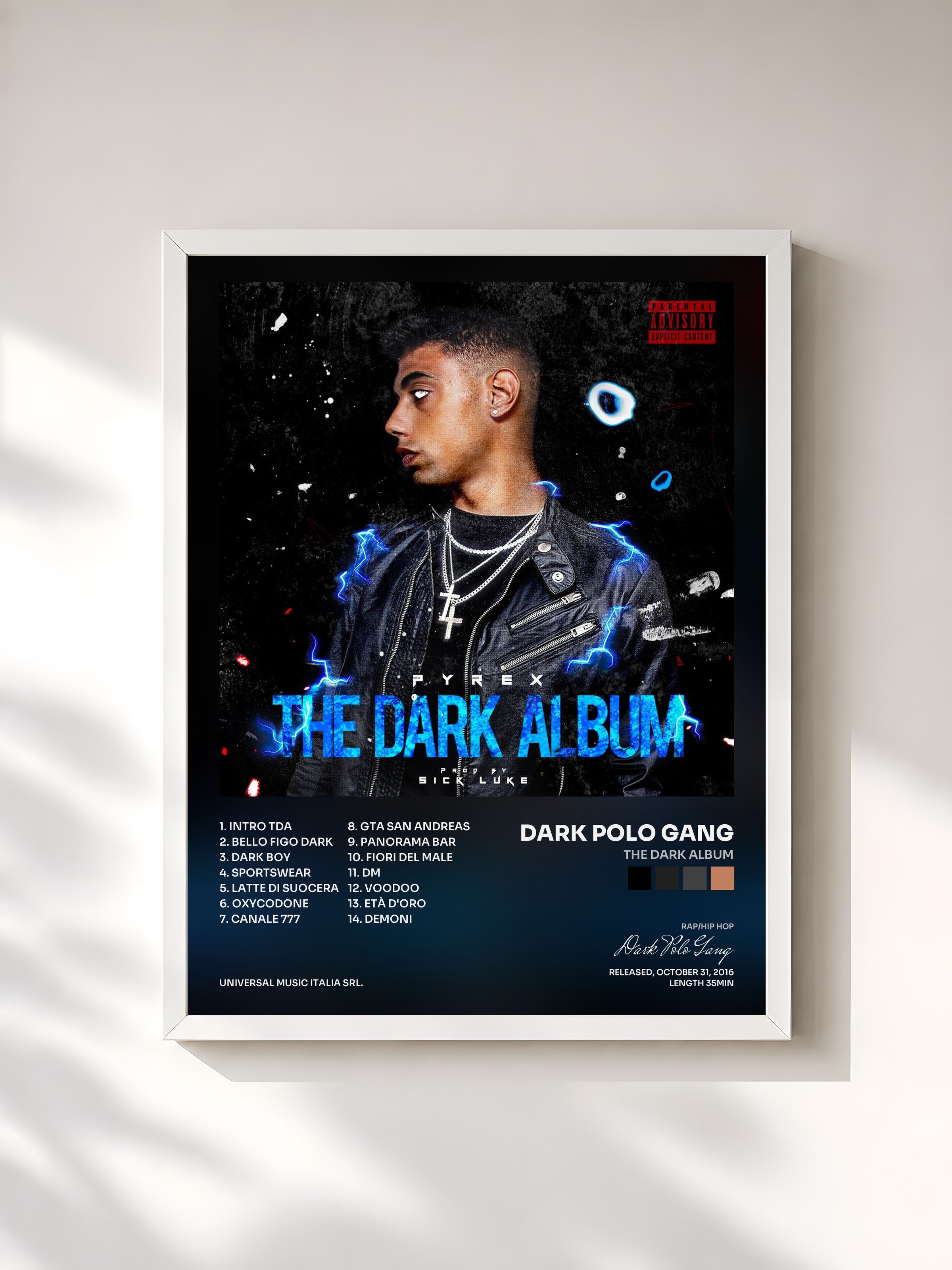 #blanc Tableau de l'album The Dark Album de Dark Polo Gang, cadre blanc, imprimé et encadré en France