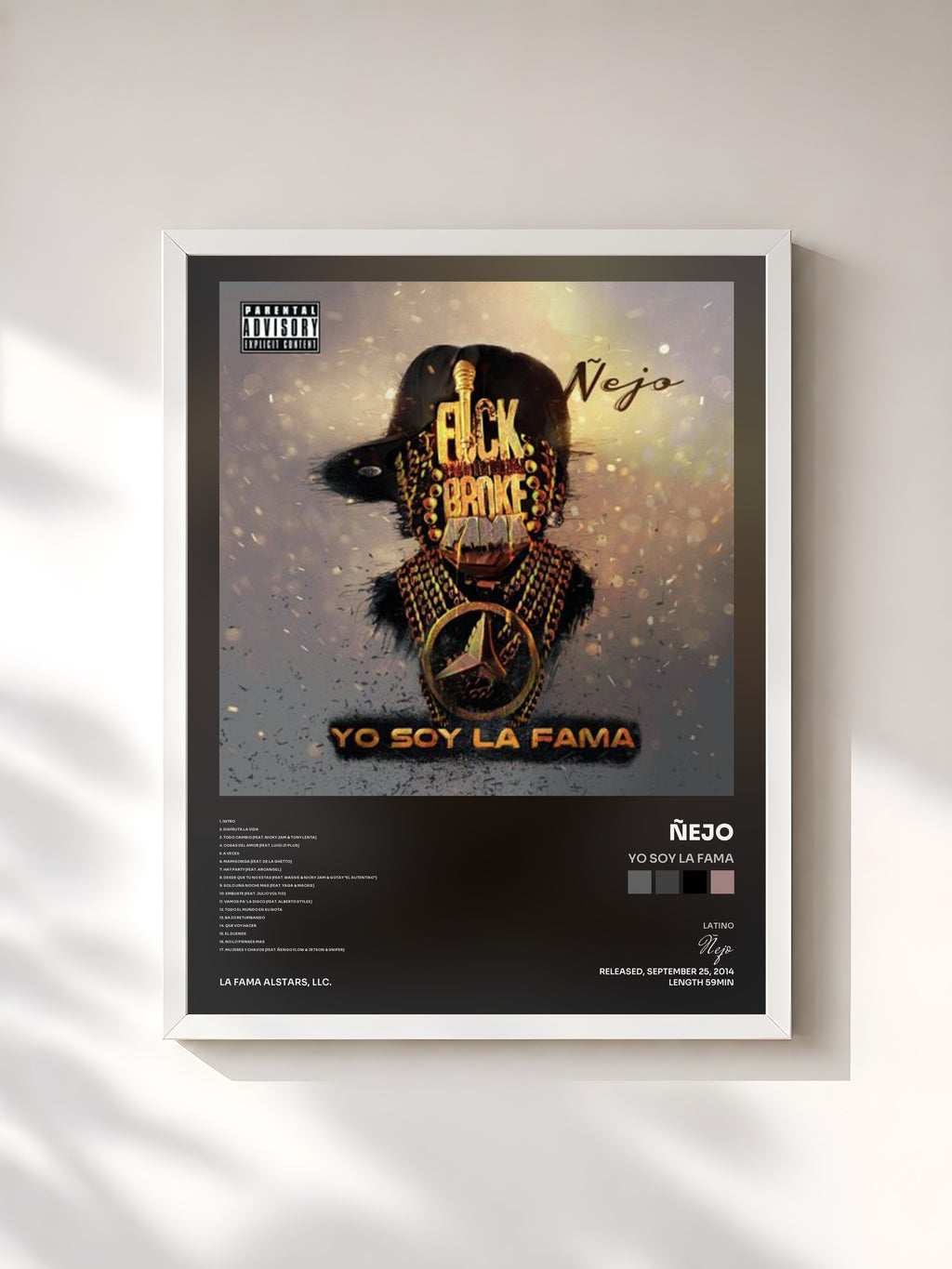 #blanc Tableau de l'album Yo Soy la Fama de Ñejo, cadre blanc, imprimé et encadré en France