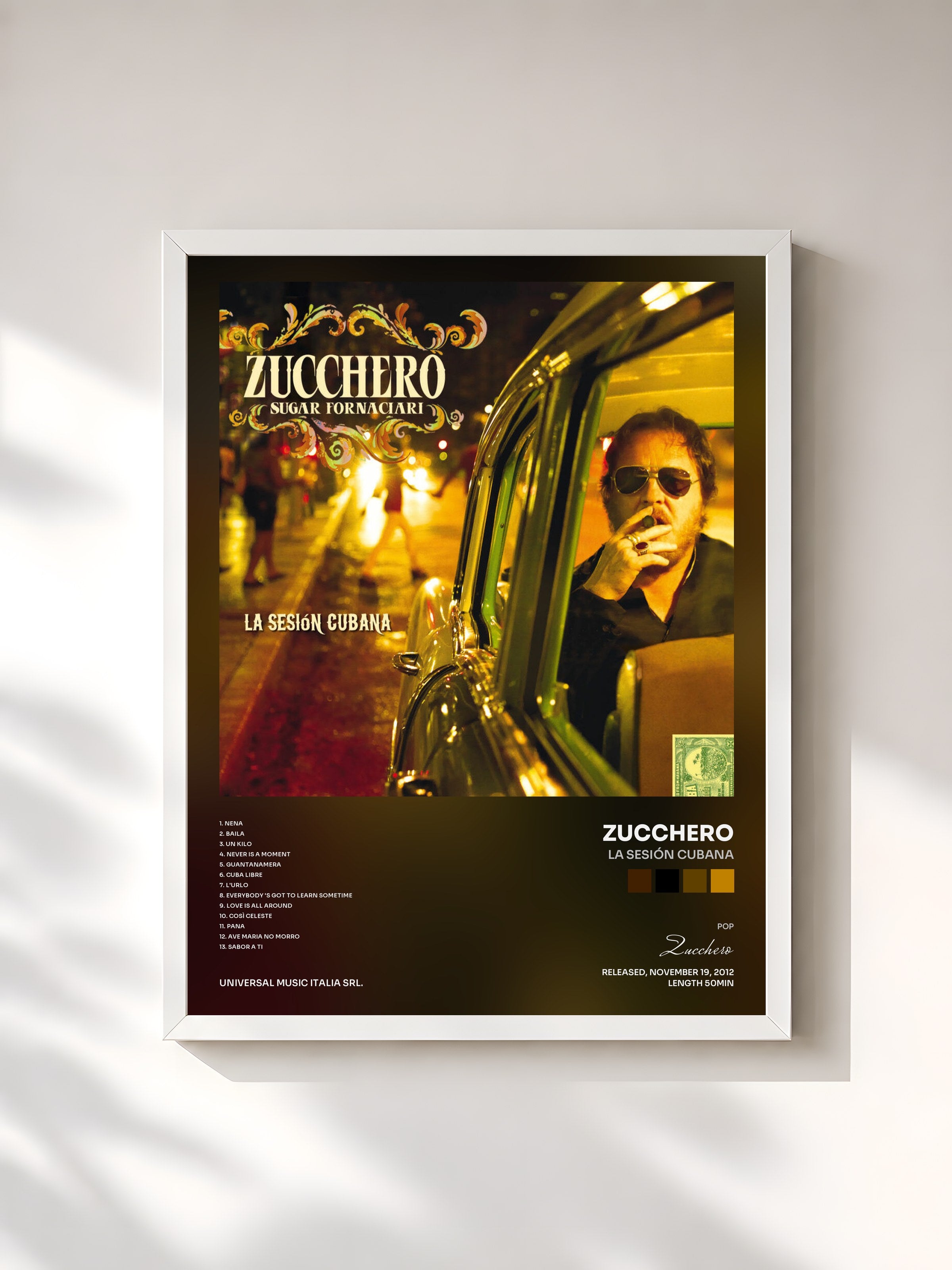 #blanc Tableau de l'album La Sesión Cubana de Zucchero, cadre blanc, imprimé et encadré en France