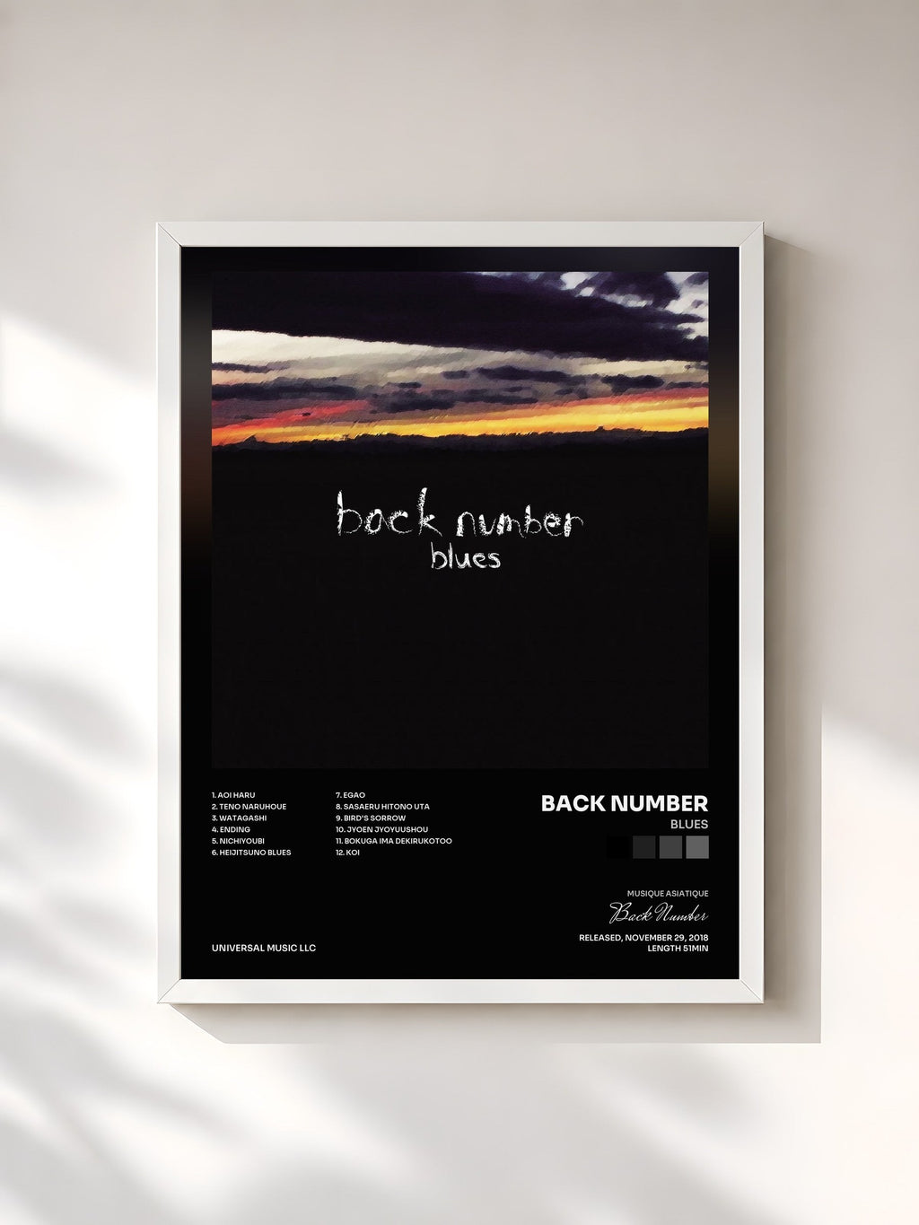 #blanc Blues de Back Number en lámina enmarcada, marco blanco, impresa y enmarcada en Francia