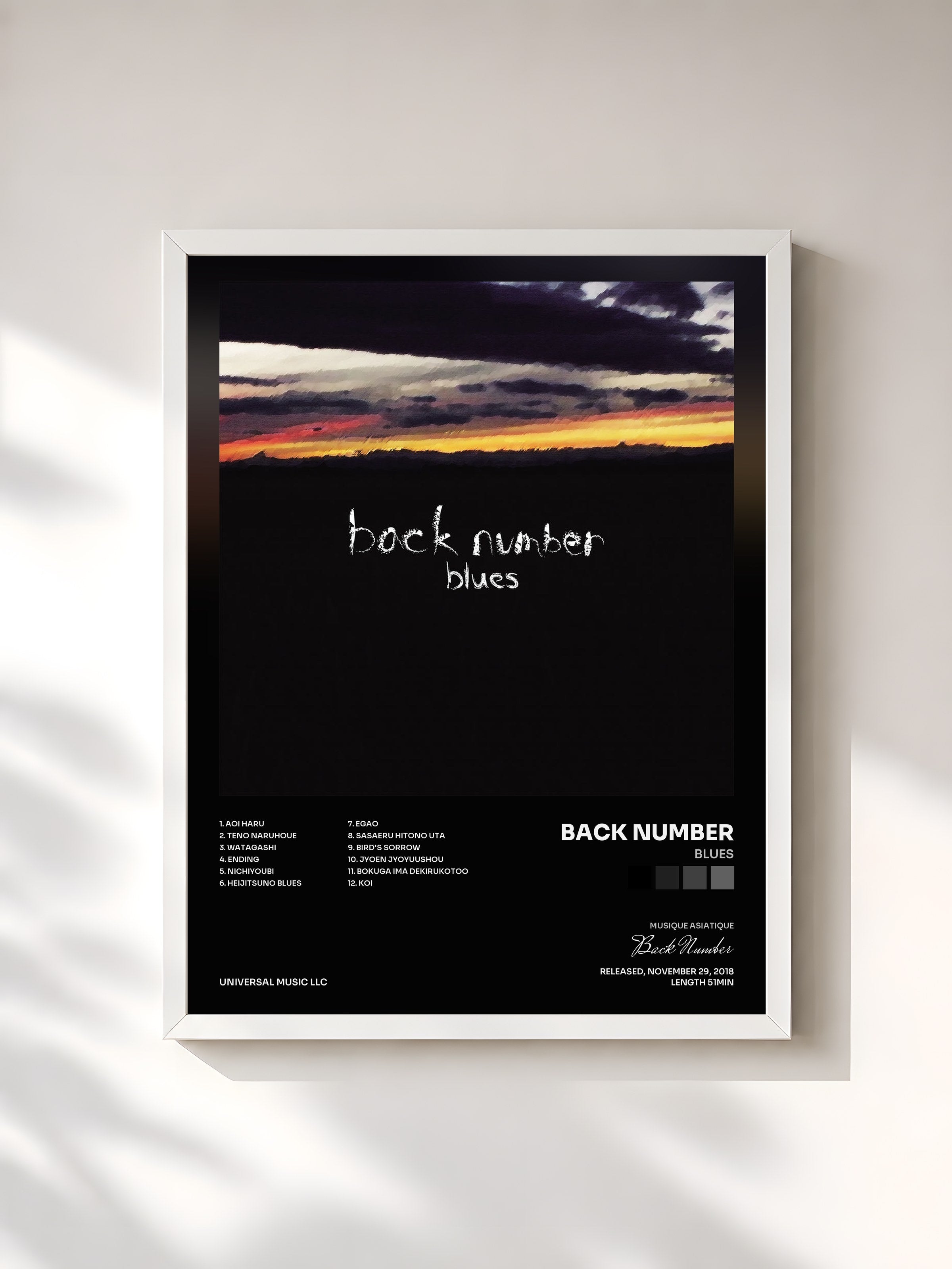 #blanc Tableau de l'album Blues de Back Number, cadre blanc, imprimé et encadré en France