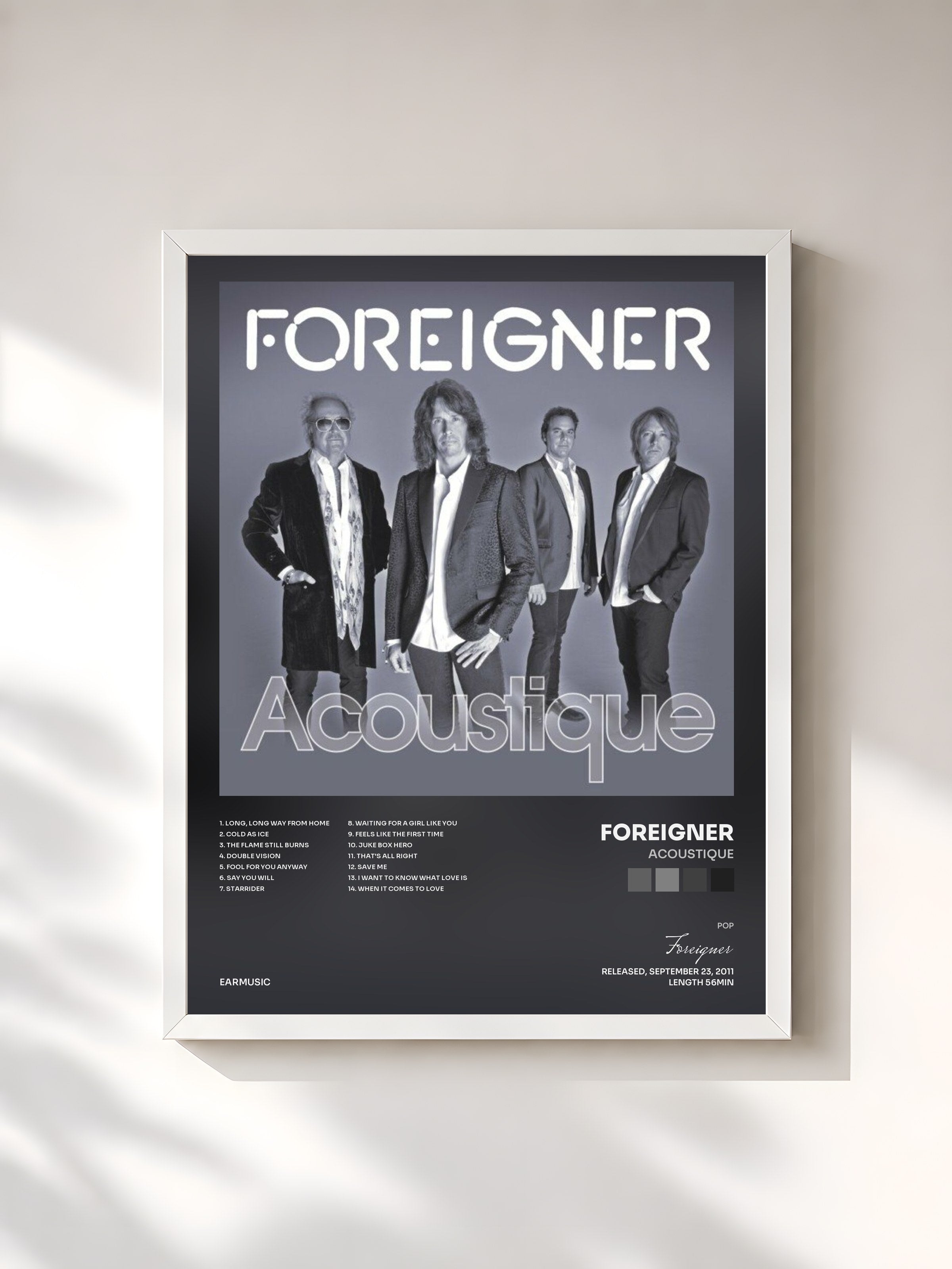 #blanc Tableau de l'album Acoustique de Foreigner, cadre blanc, imprimé et encadré en France