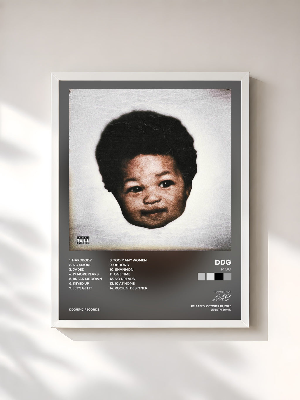 #blanc Tableau de l'album moo de DDG, cadre blanc, imprimé et encadré en France