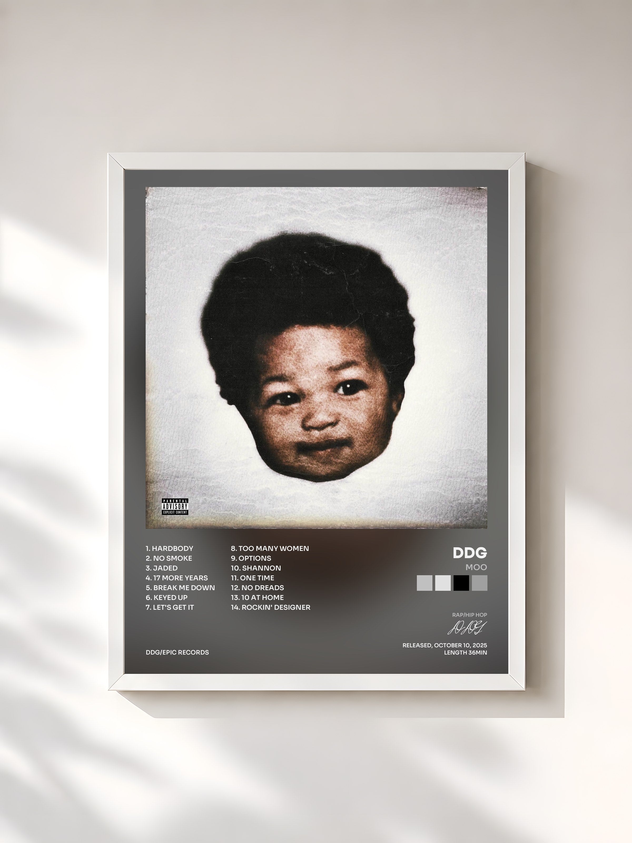 #blanc Tableau de l'album moo de DDG, cadre blanc, imprimé et encadré en France