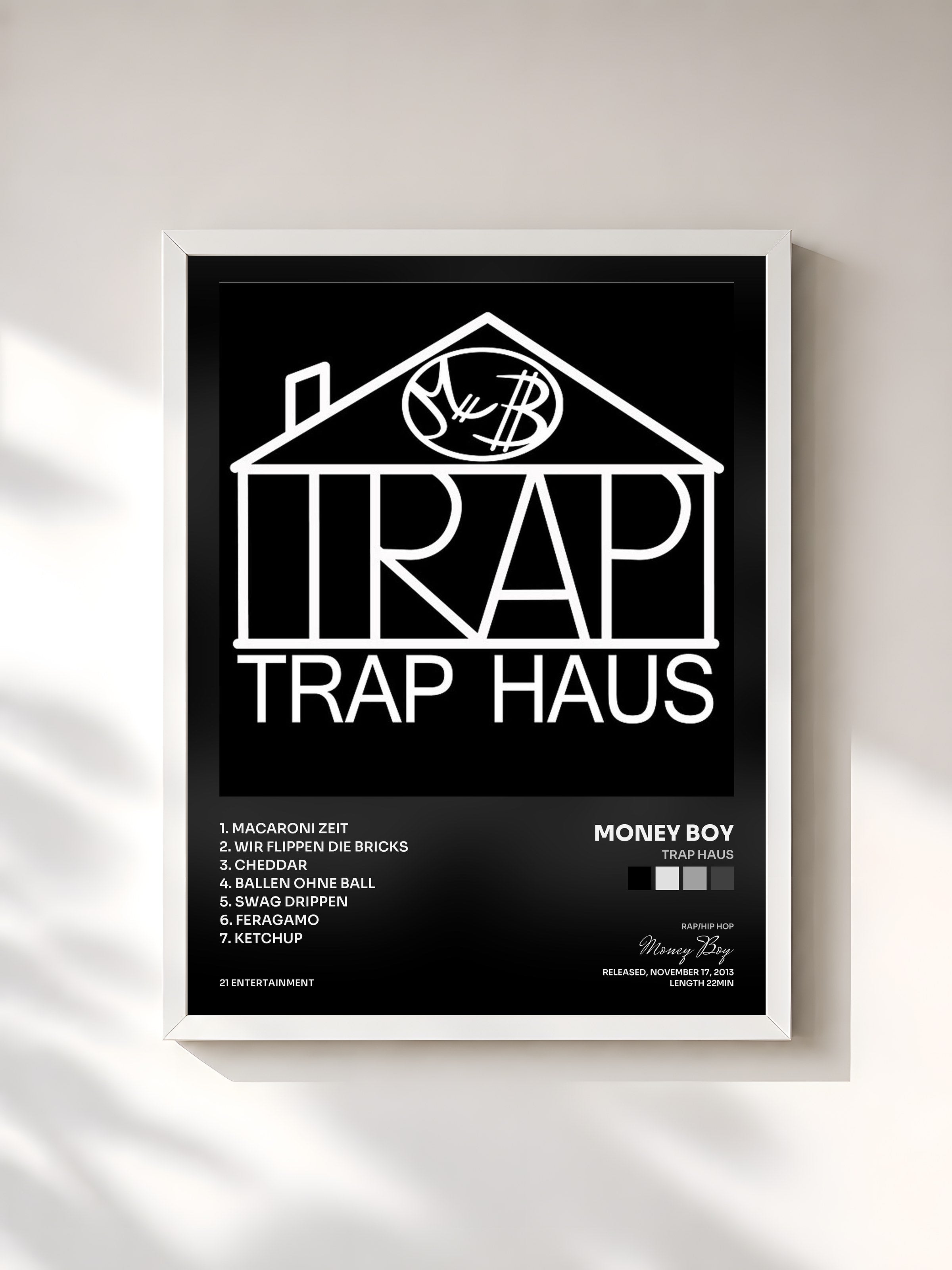#blanc Tableau de l'album Trap Haus de Money Boy, cadre blanc, imprimé et encadré en France