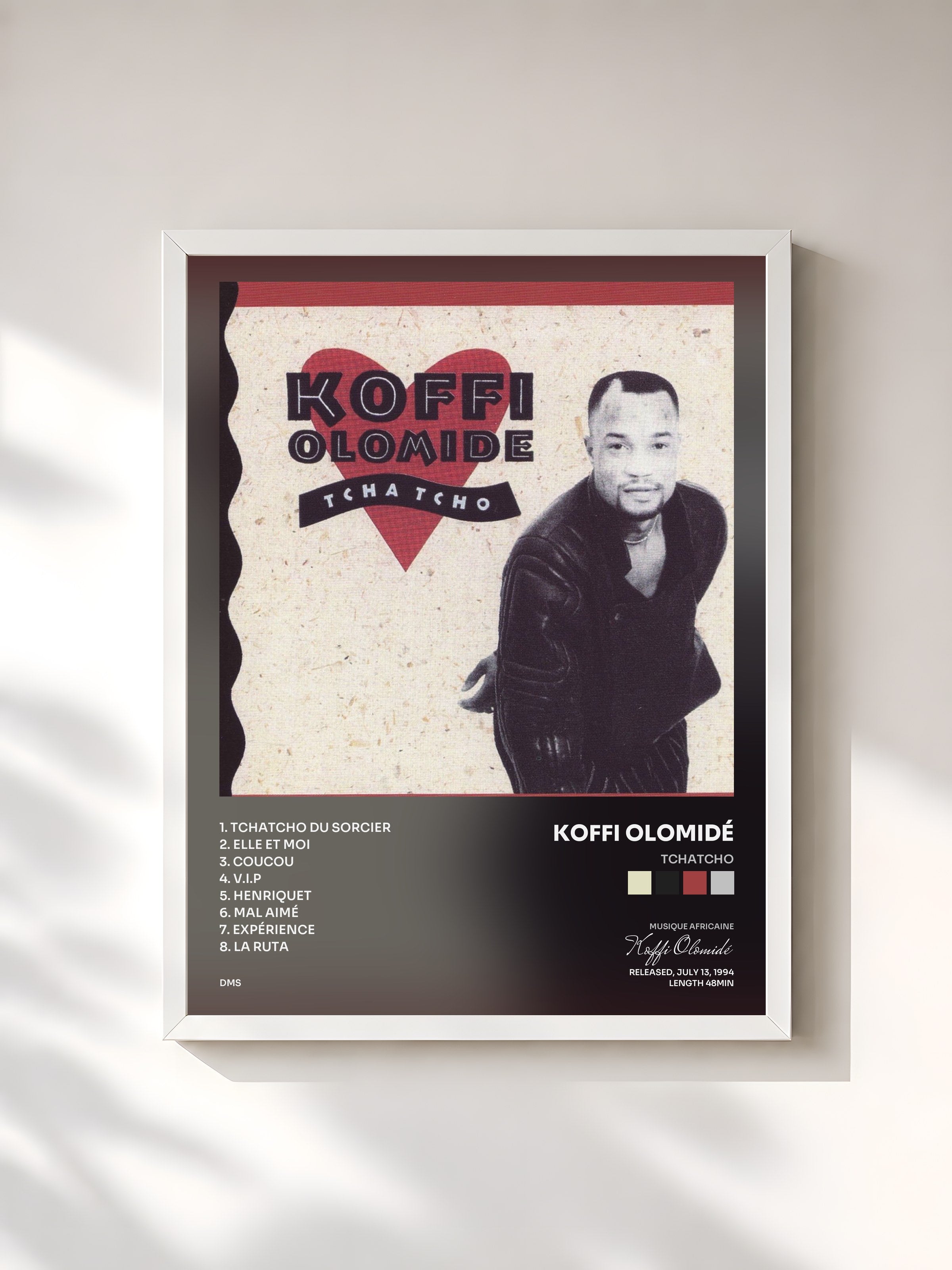 #blanc Tableau de l'album Tchatcho de Koffi Olomidé, cadre blanc, imprimé et encadré en France