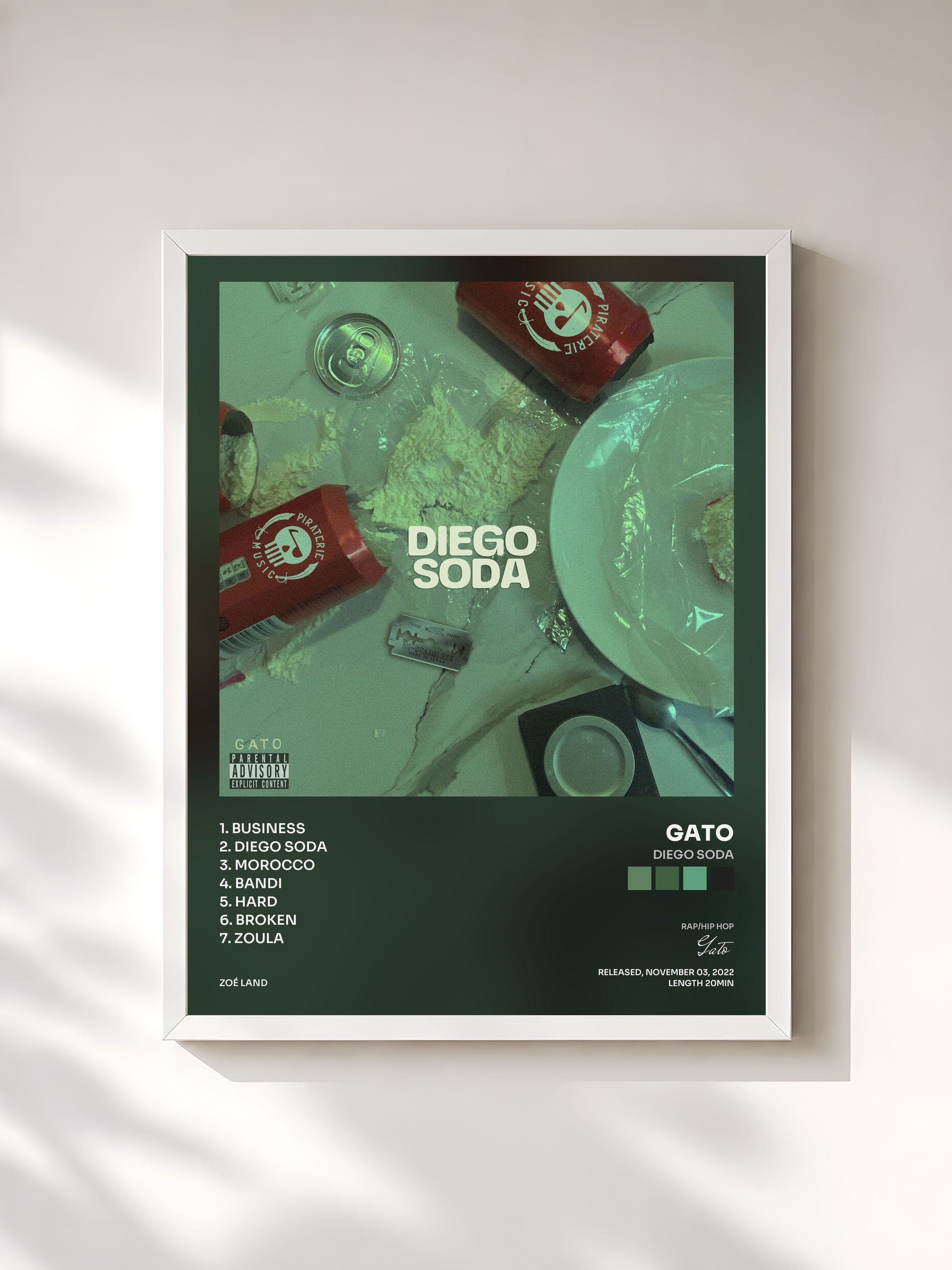#blanc Tableau de l'album Diego Soda de Gato, cadre blanc, imprimé et encadré en France