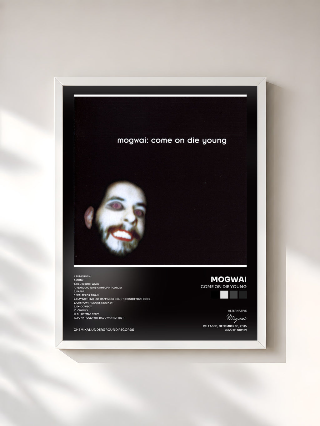 #blanc Tableau de l'album Come on Die Young de Mogwai, cadre blanc, imprimé et encadré en France