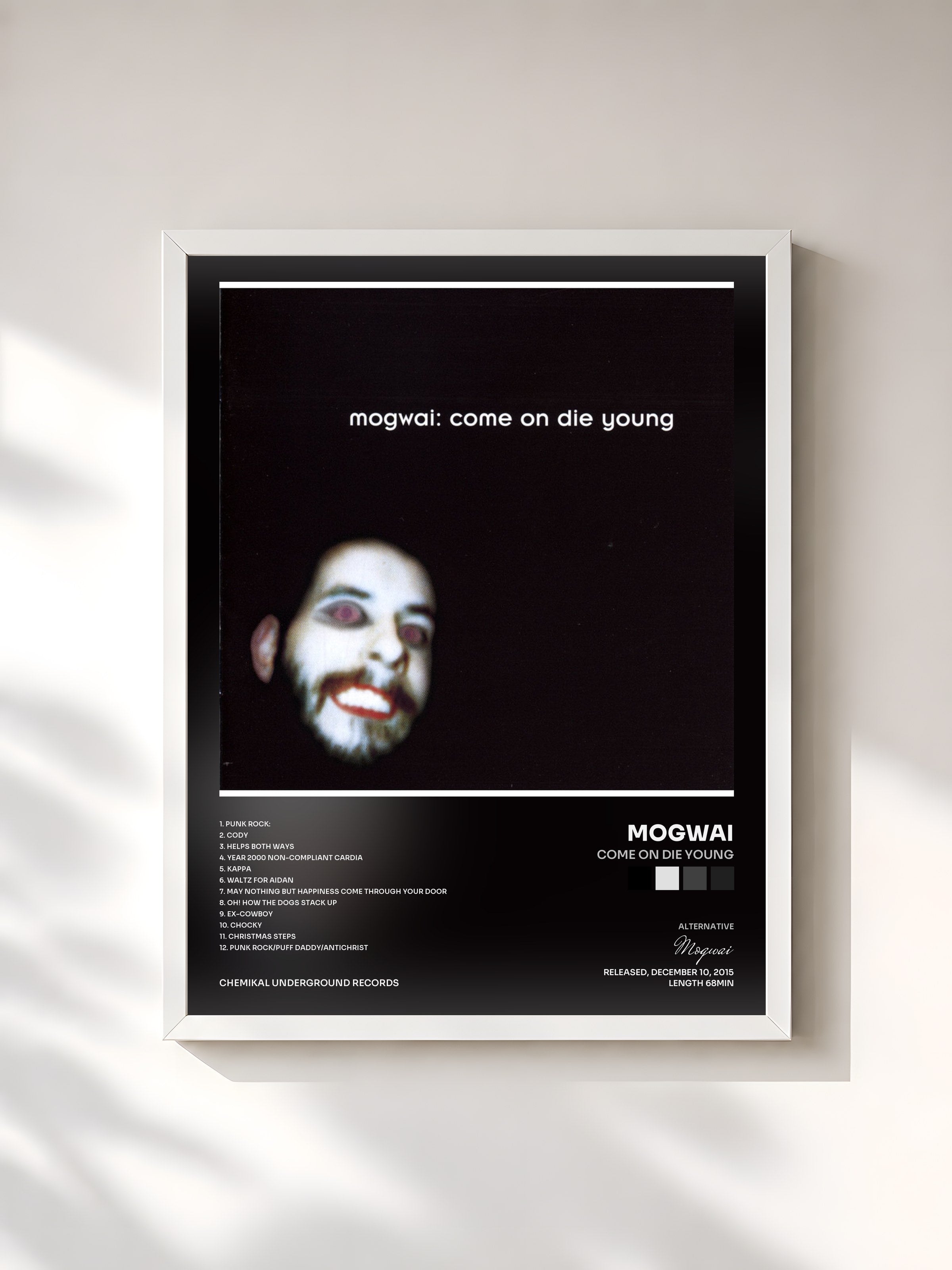 #blanc Tableau de l'album Come on Die Young de Mogwai, cadre blanc, imprimé et encadré en France