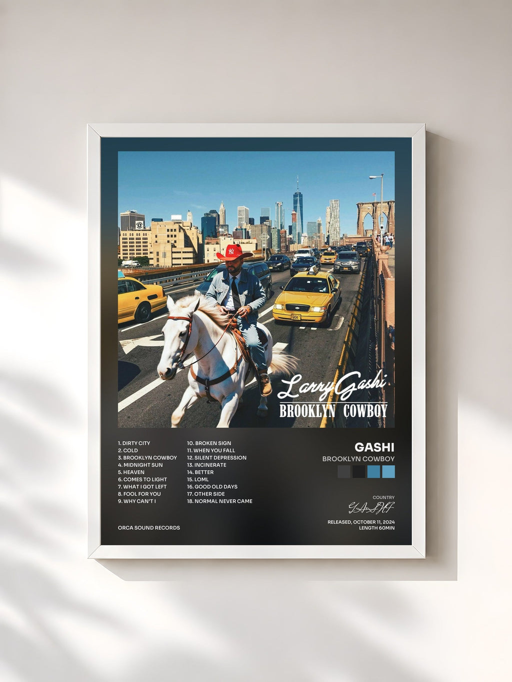 #blanc Brooklyn Cowboy de GASHI en lámina enmarcada, marco blanco, impresa y enmarcada en Francia