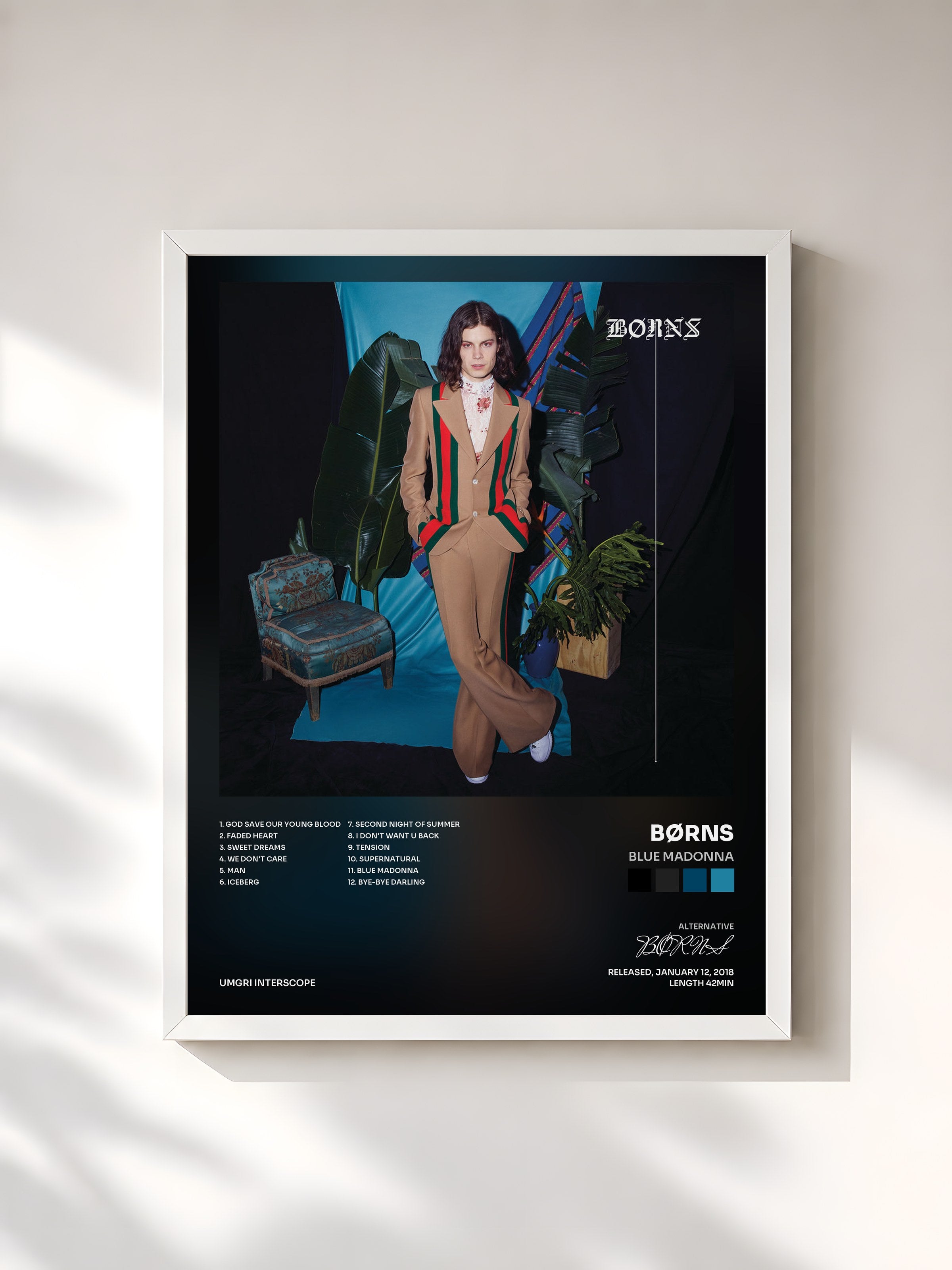 #blanc Tableau de l'album Blue Madonna de BØRNS, cadre blanc, imprimé et encadré en France