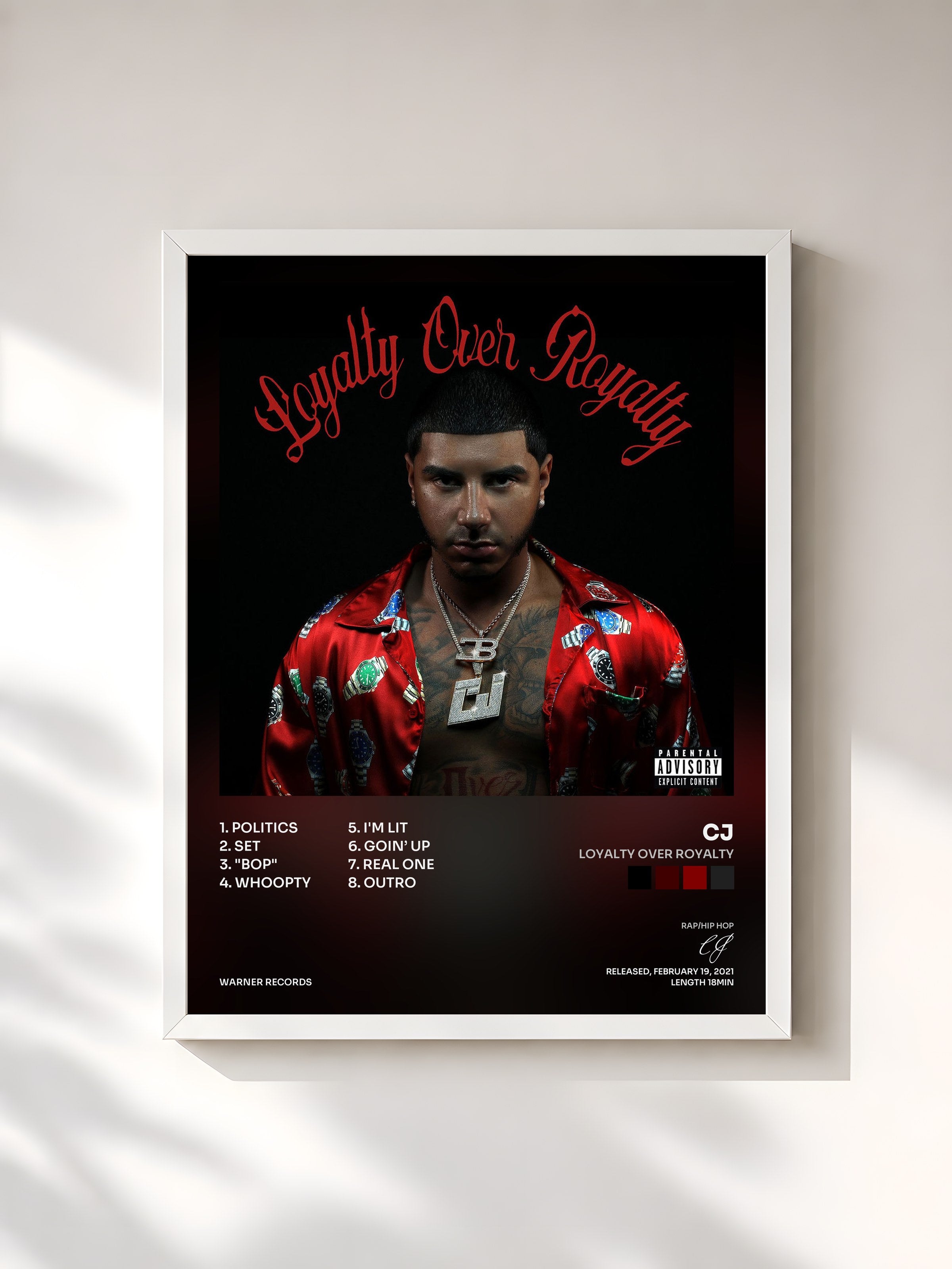 #blanc Tableau de l'album Loyalty Over Royalty de CJ, cadre blanc, imprimé et encadré en France
