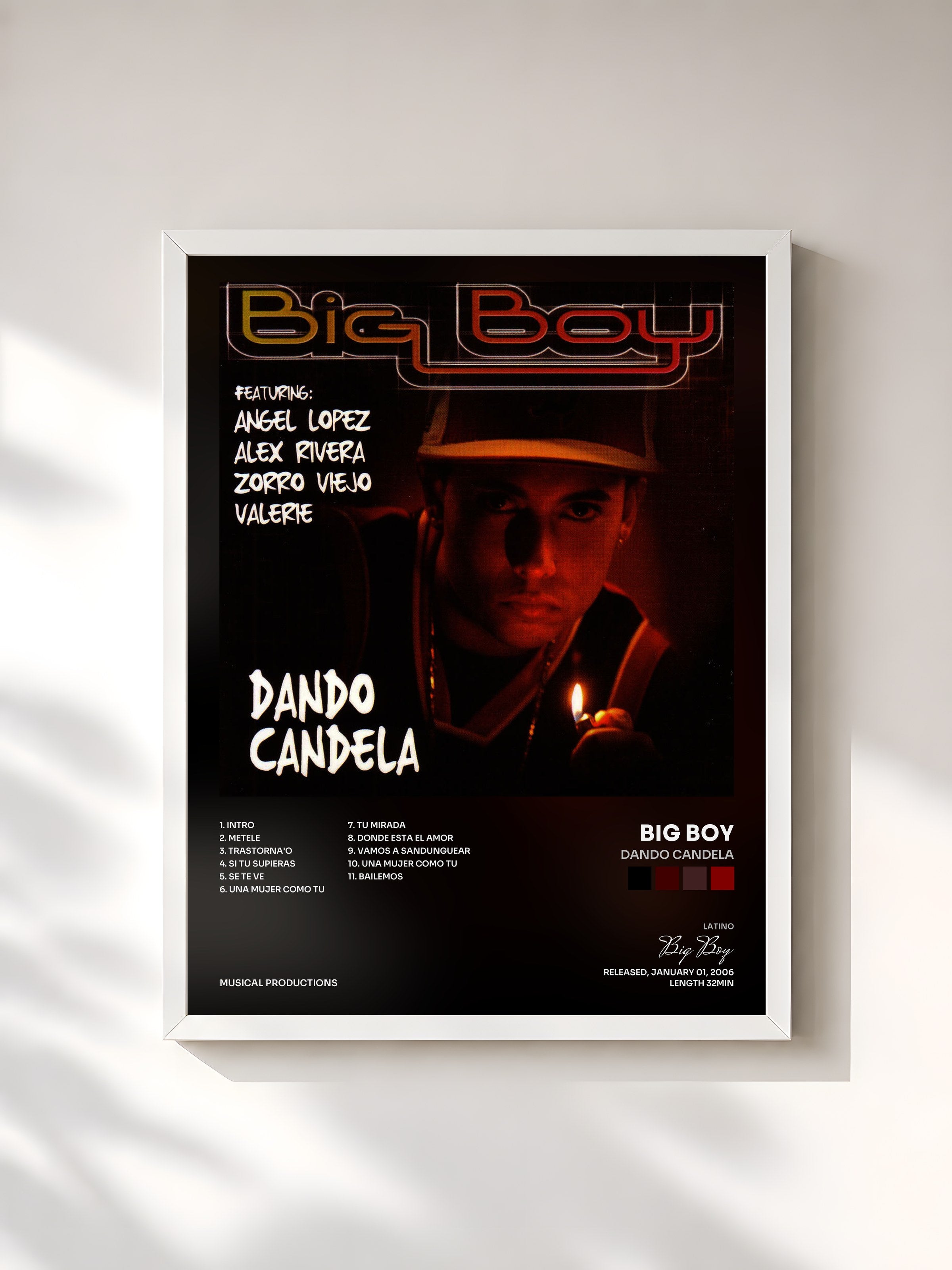 #blanc Tableau de l'album Dando Candela de Big Boy, cadre blanc, imprimé et encadré en France