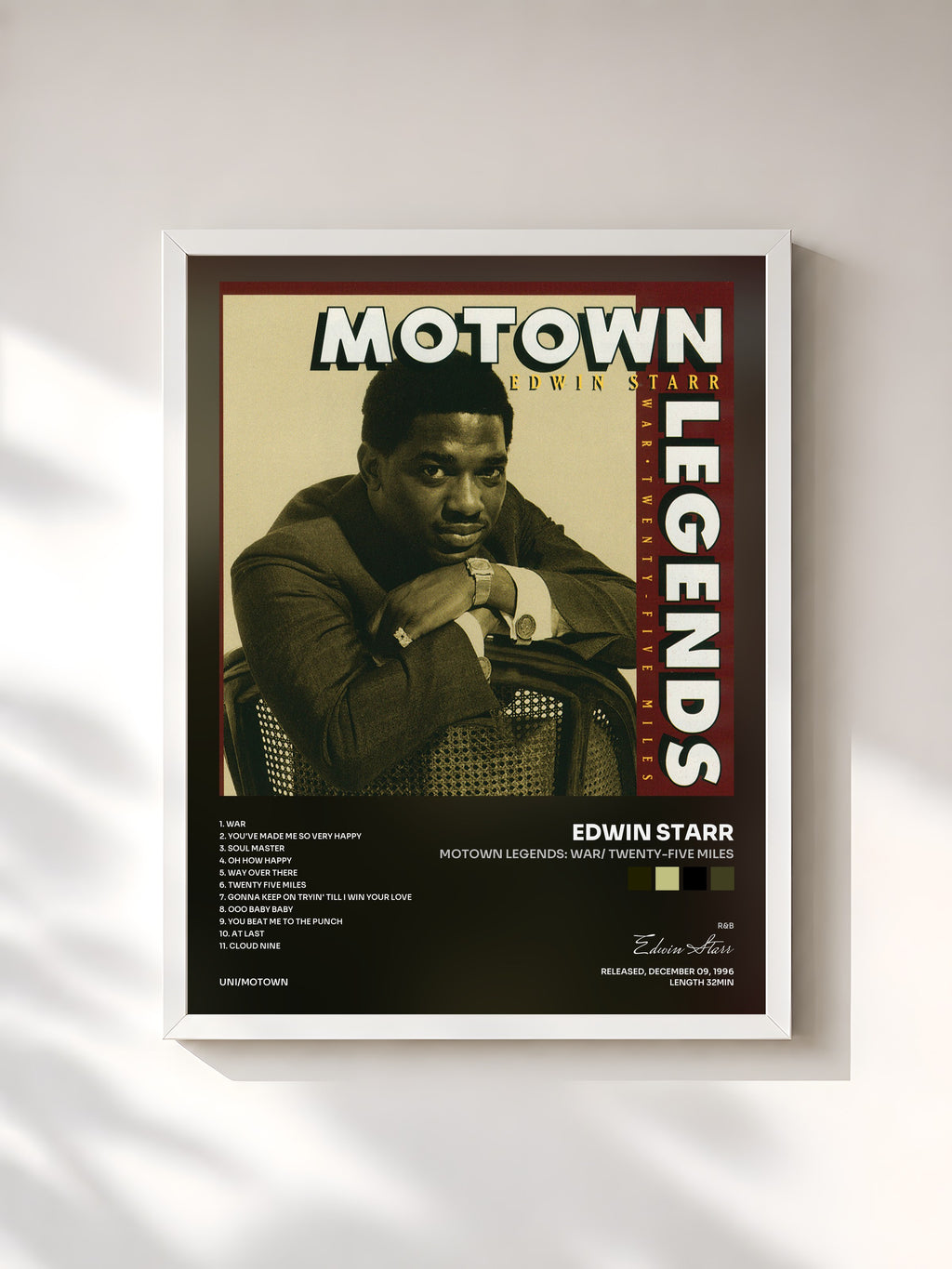 #blanc Tableau de l'album Motown Legends: War/ Twenty-five Miles de Edwin Starr, cadre blanc, imprimé et encadré en France