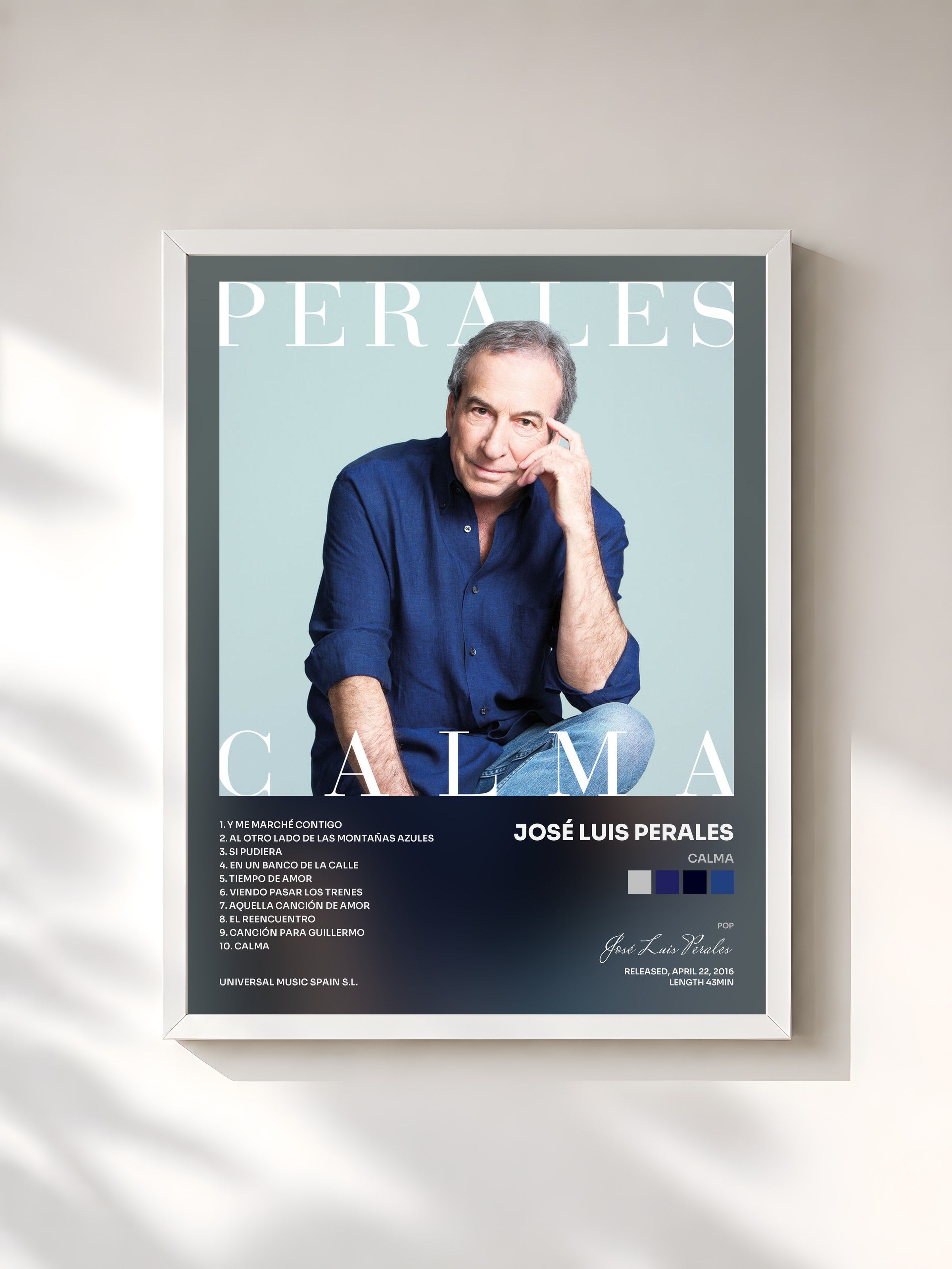 #blanc Tableau de l'album Calma de José Luis Perales, cadre blanc, imprimé et encadré en France
