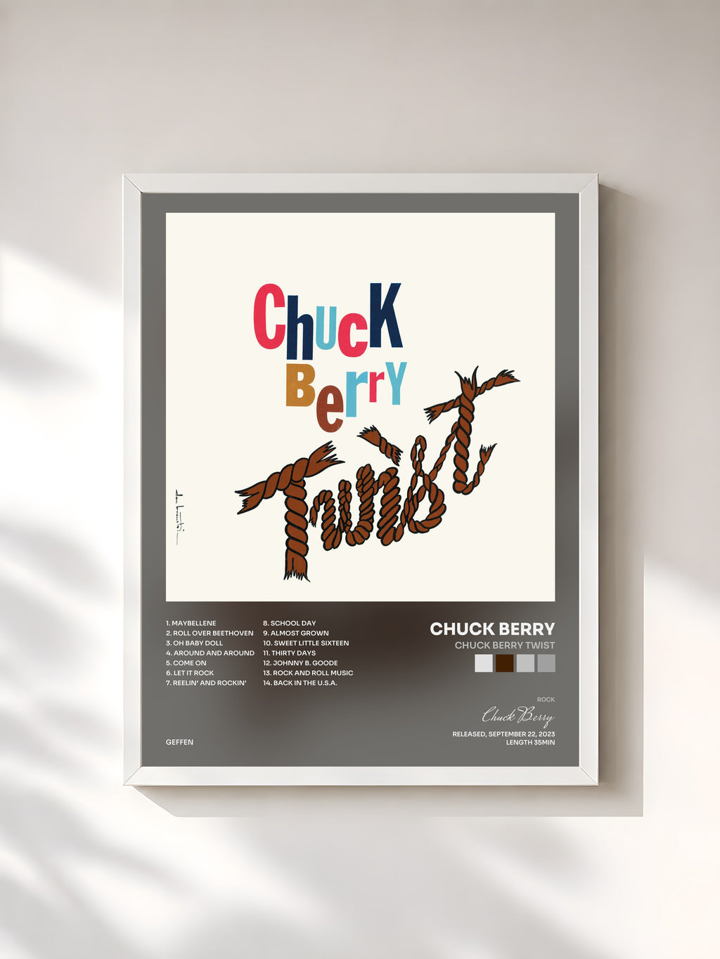 #blanc Tableau de l'album Chuck Berry Twist de Chuck Berry, cadre blanc, imprimé et encadré en France