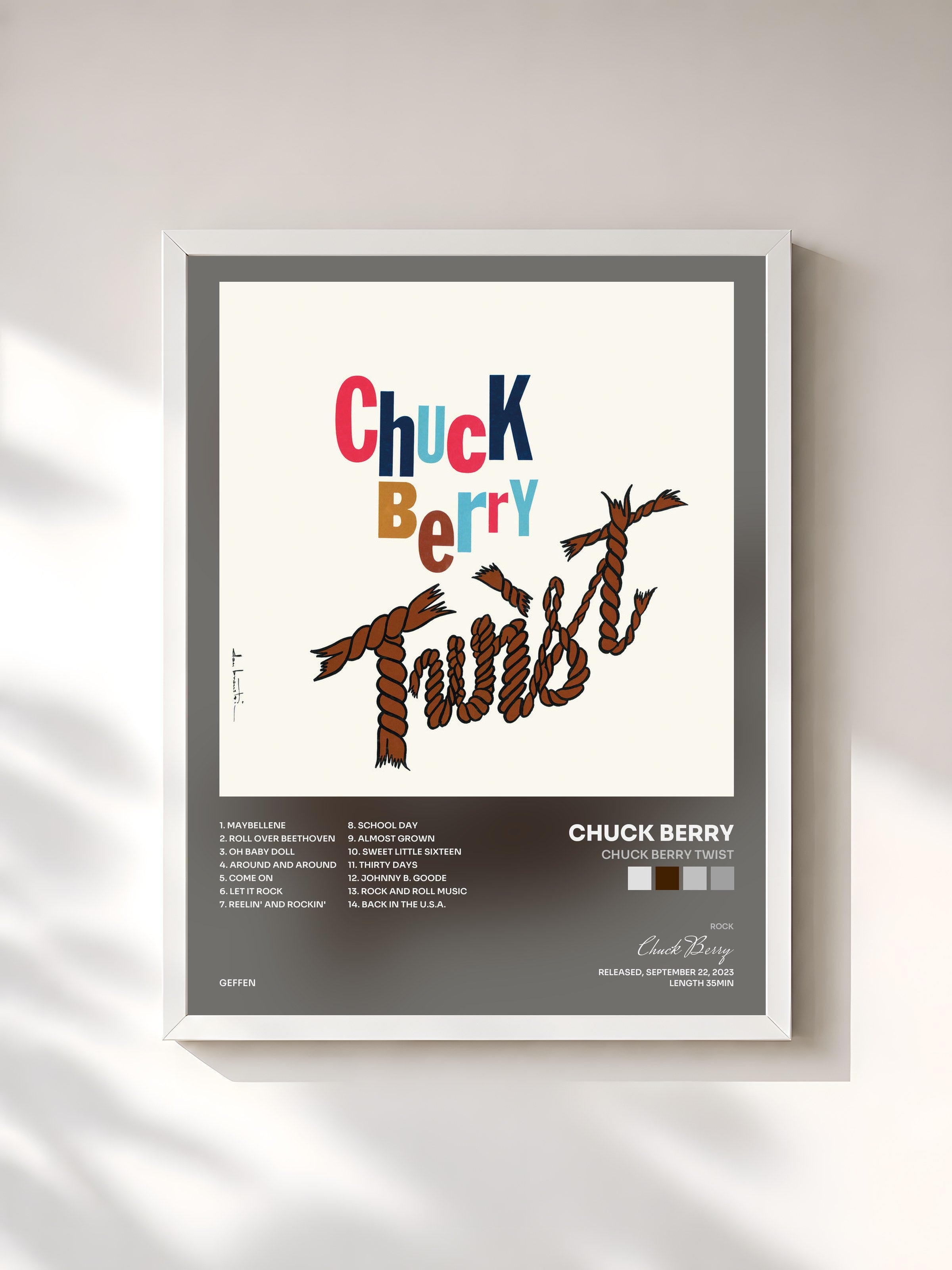 #blanc Tableau de l'album Chuck Berry Twist de Chuck Berry, cadre blanc, imprimé et encadré en France