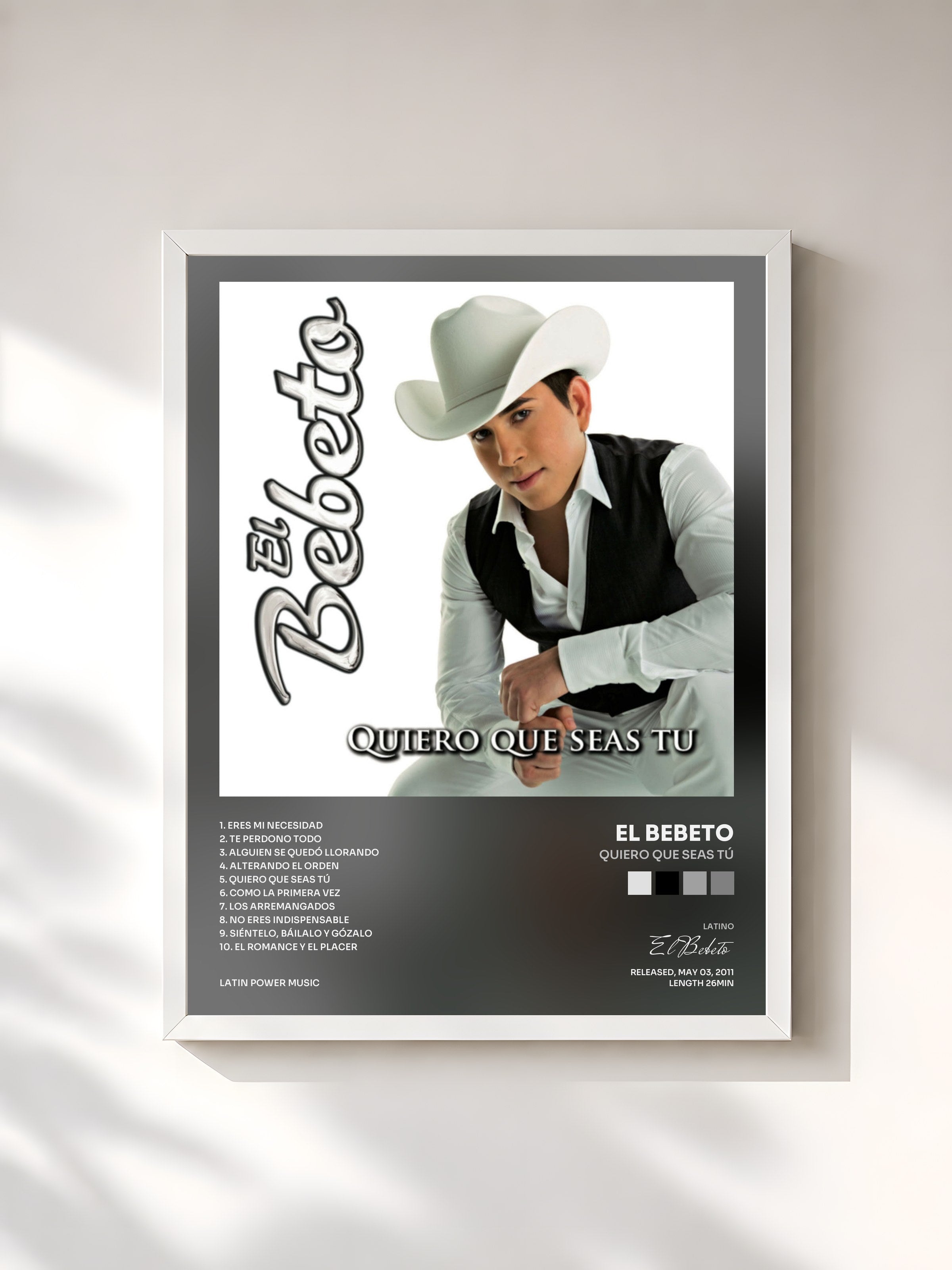 #blanc Tableau de l'album Quiero Que Seas Tú de El Bebeto, cadre blanc, imprimé et encadré en France