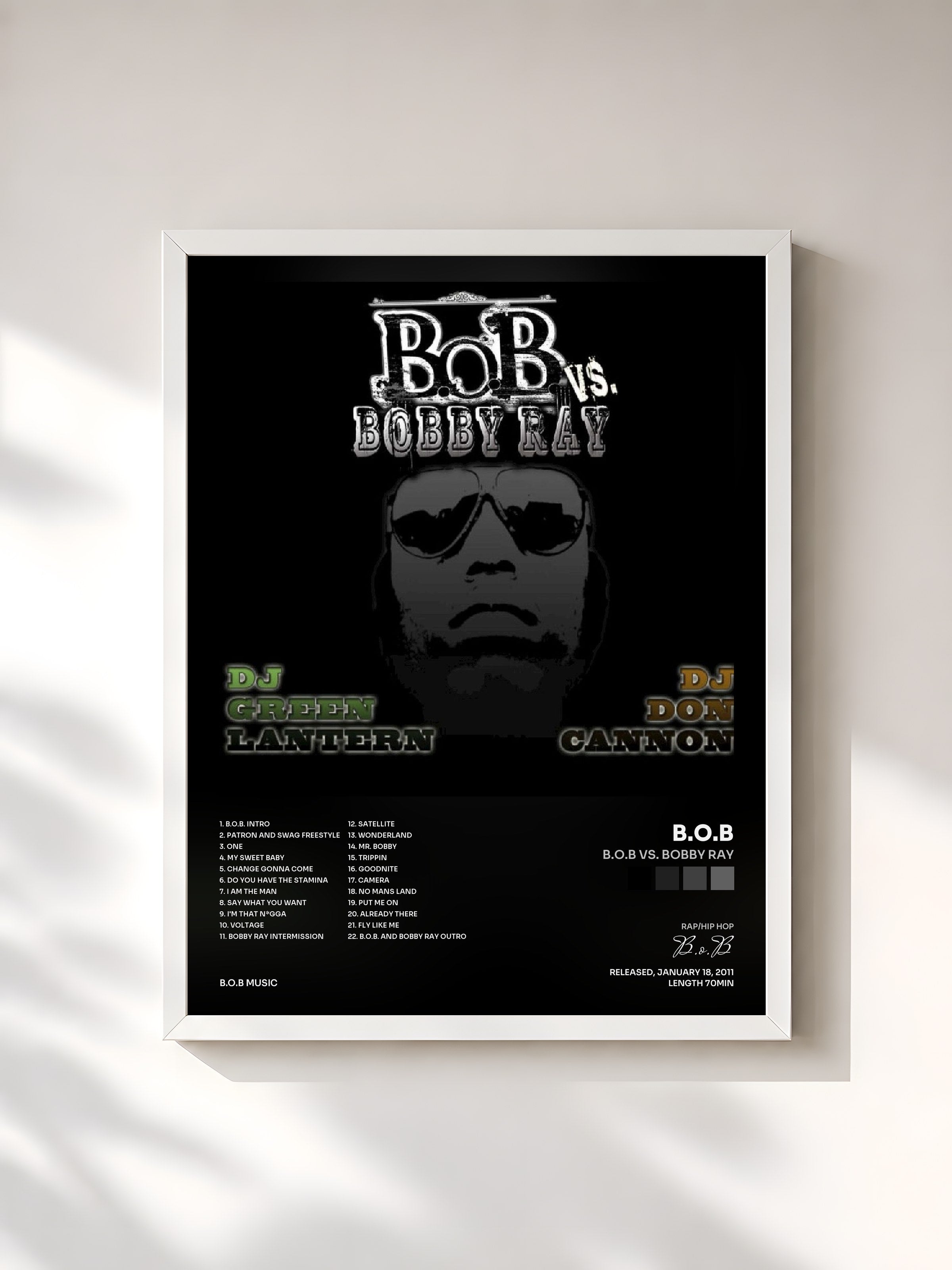 #blanc Tableau de l'album B.o.B vs. Bobby Ray de B.o.B, cadre blanc, imprimé et encadré en France