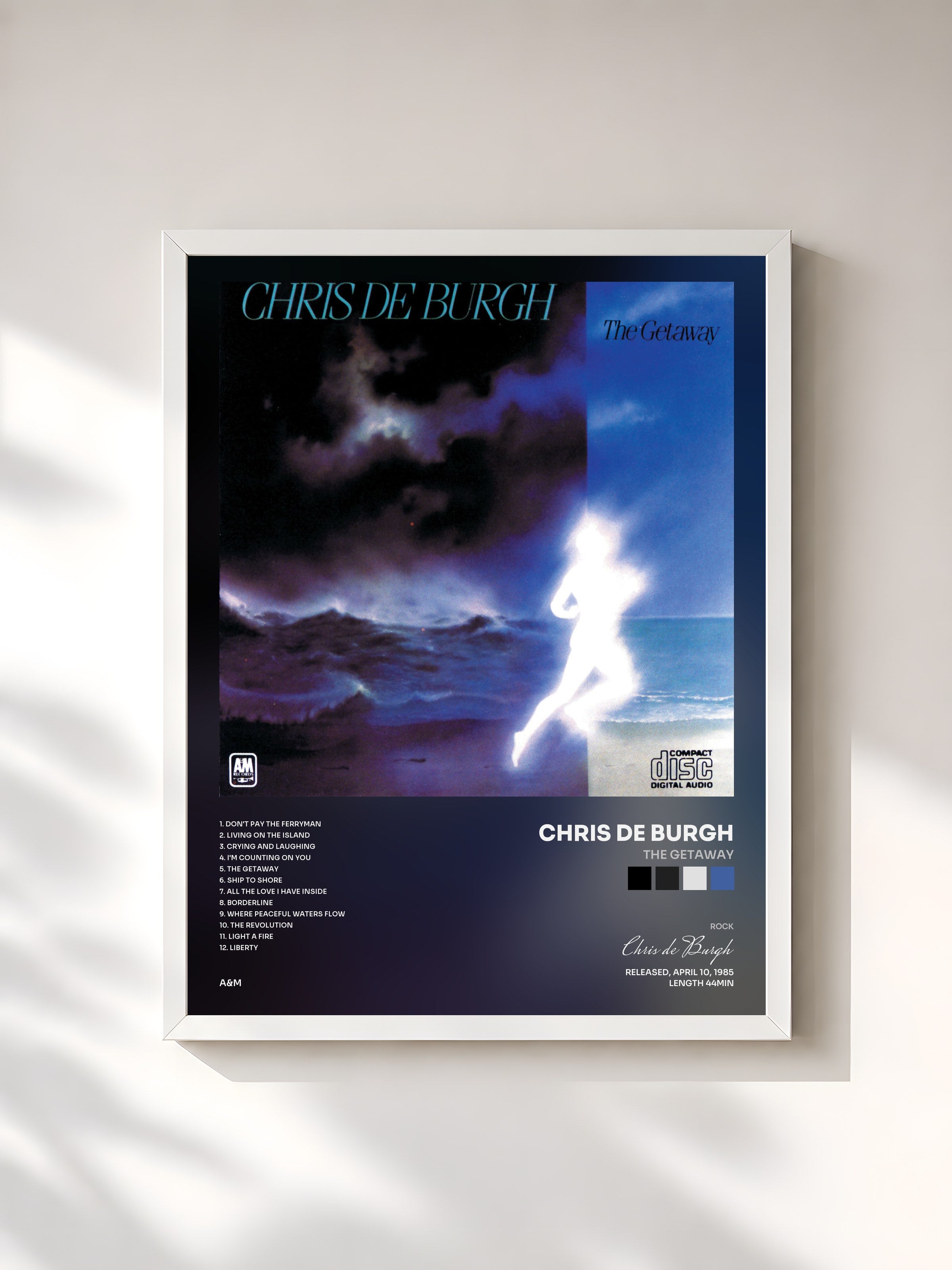 #blanc Tableau de l'album The Getaway de Chris de Burgh, cadre blanc, imprimé et encadré en France