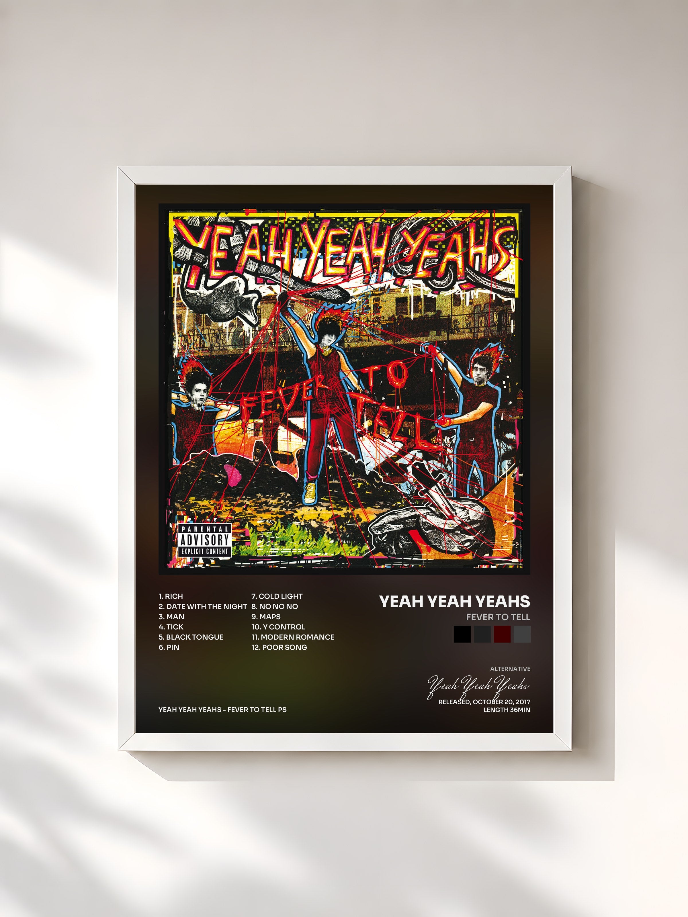 #blanc Tableau de l'album Fever To Tell de Yeah Yeah Yeahs, cadre blanc, imprimé et encadré en France
